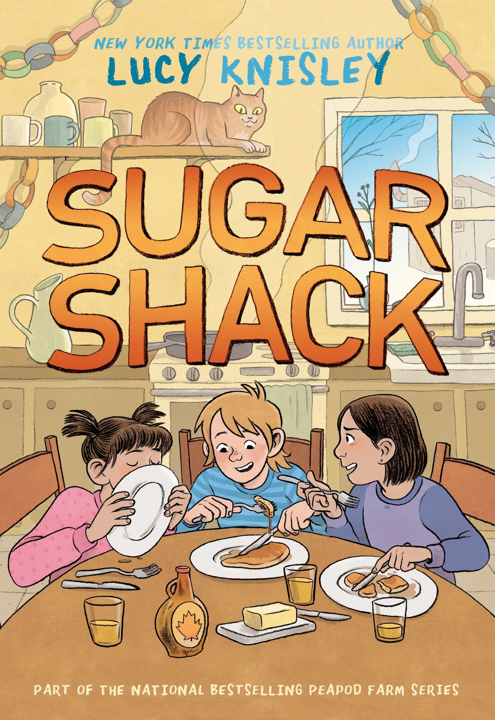 Book cover of 'Sugar Shack' by Lucy Knisley, depicting a family enjoying a meal at a table inside a cozy kitchen, with a cat on a shelf and a sunny window in the background.