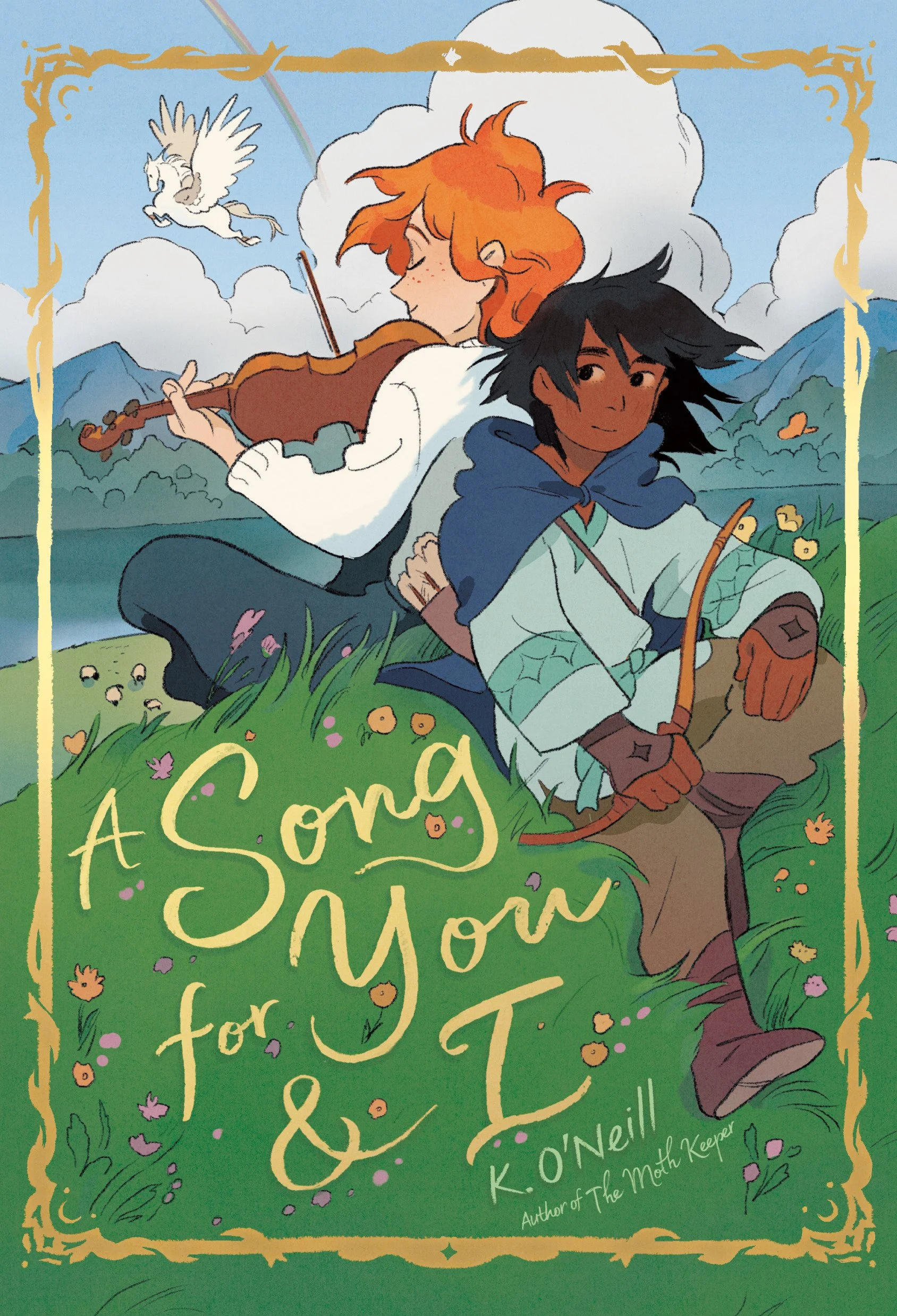 Book cover illustration for 'A Song for You & I' showing a character with orange hair playing a violin and one with dark hair sitting on grass holding a bow, in a scenic outdoor landscape with mountains, lake, clouds, rainbow, and a flying Pegasus.