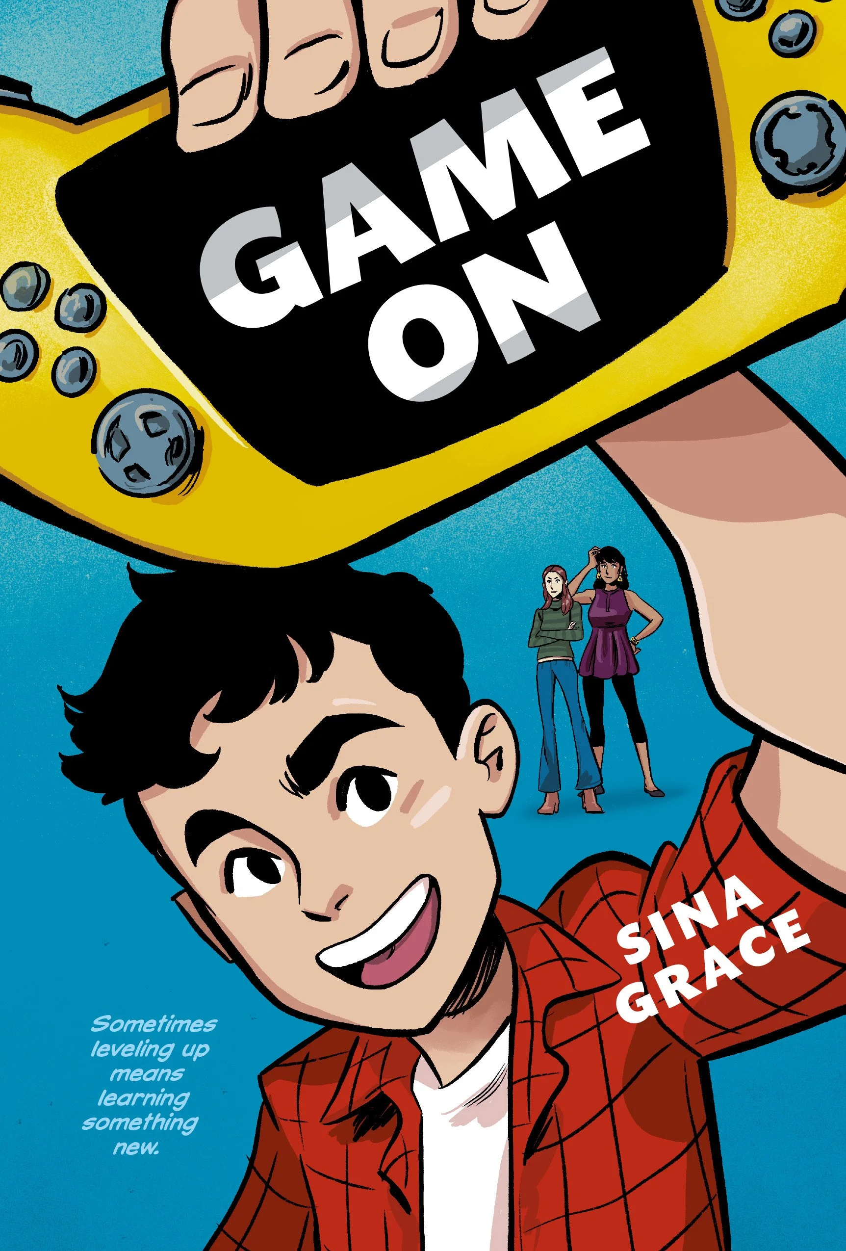 A comic-style illustration of a young boy with dark hair, smiling and holding a yellow gaming console that says 'Game On.' In the background, two girls stand together, one with red hair and the other with black hair, both wearing casual clothes. The 