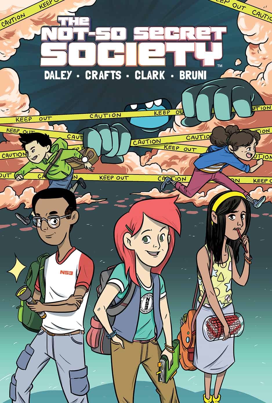 Three teenagers standing with backpacks and a school supplies, with a cartoon scene behind them featuring children running away from a large, cartoonish hand reaching through a hole in the sky marked with "Keep Out" and "Caution" tape. The title read