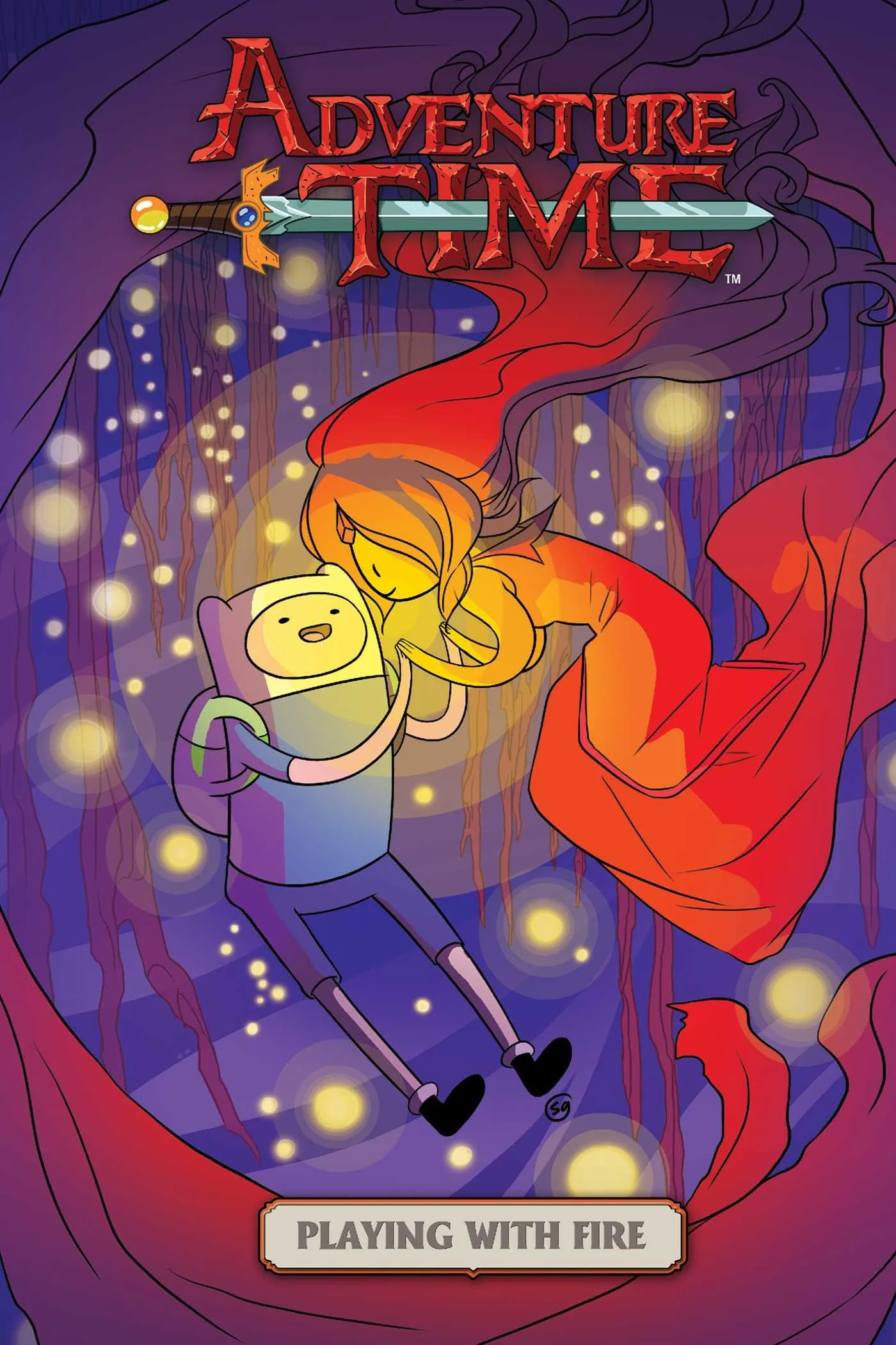 Finn and Flame Princess from Adventure Time holding hands in a mystical, glowing forest with fire and purple hues. The title 'Adventure Time' is at the top, and a banner at the bottom reads 'Playing with Fire'.