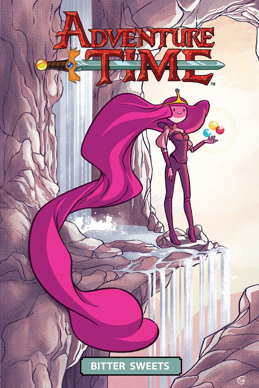 Illustration of a female character from Adventure Time with long pink hair and a crown, standing on rocks at the edge of a waterfall, holding three colorful spheres, with the Adventure Time logo at the top and a label that reads Bitter Sweets at the 