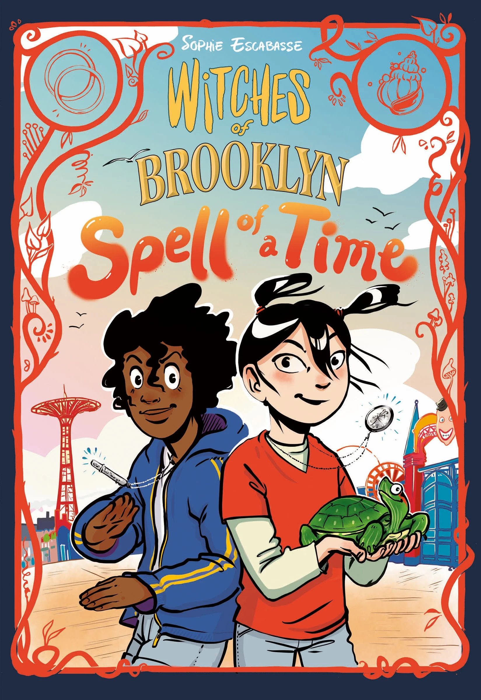 The cover of the book 'Witches of Brooklyn: Spell of a Time' by Sophie Escabasse features two young characters, a girl holding a turtle and a boy holding a syringe, standing against a colorful background with amusement park rides and whimsical design