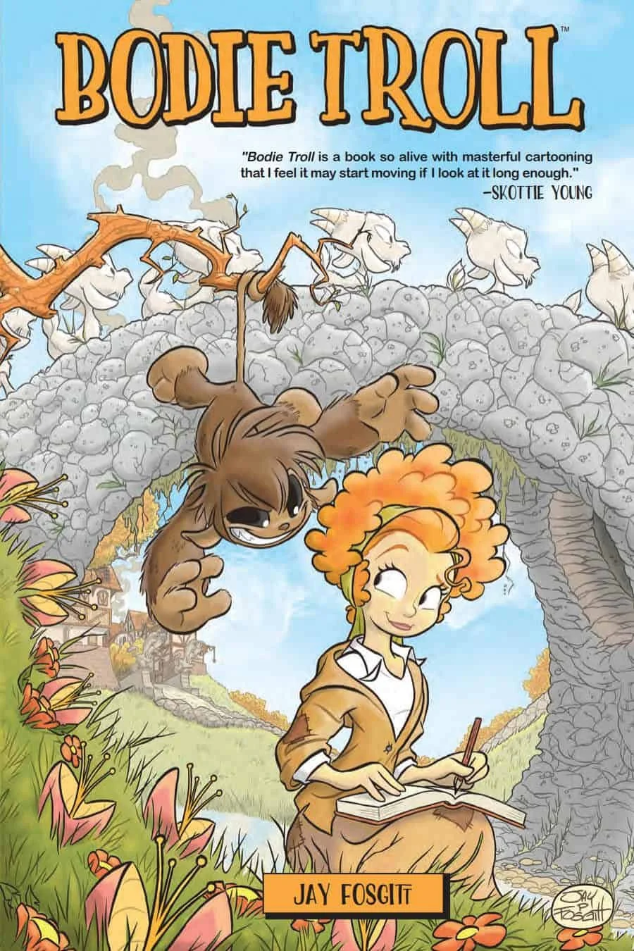 Cover of the book 'Bodie Troll' showing a happy girl with curly orange hair sitting on grass near a stream, writing in a book, and a small brown creature with large eyes hanging upside down from a tree branch, smiling.
