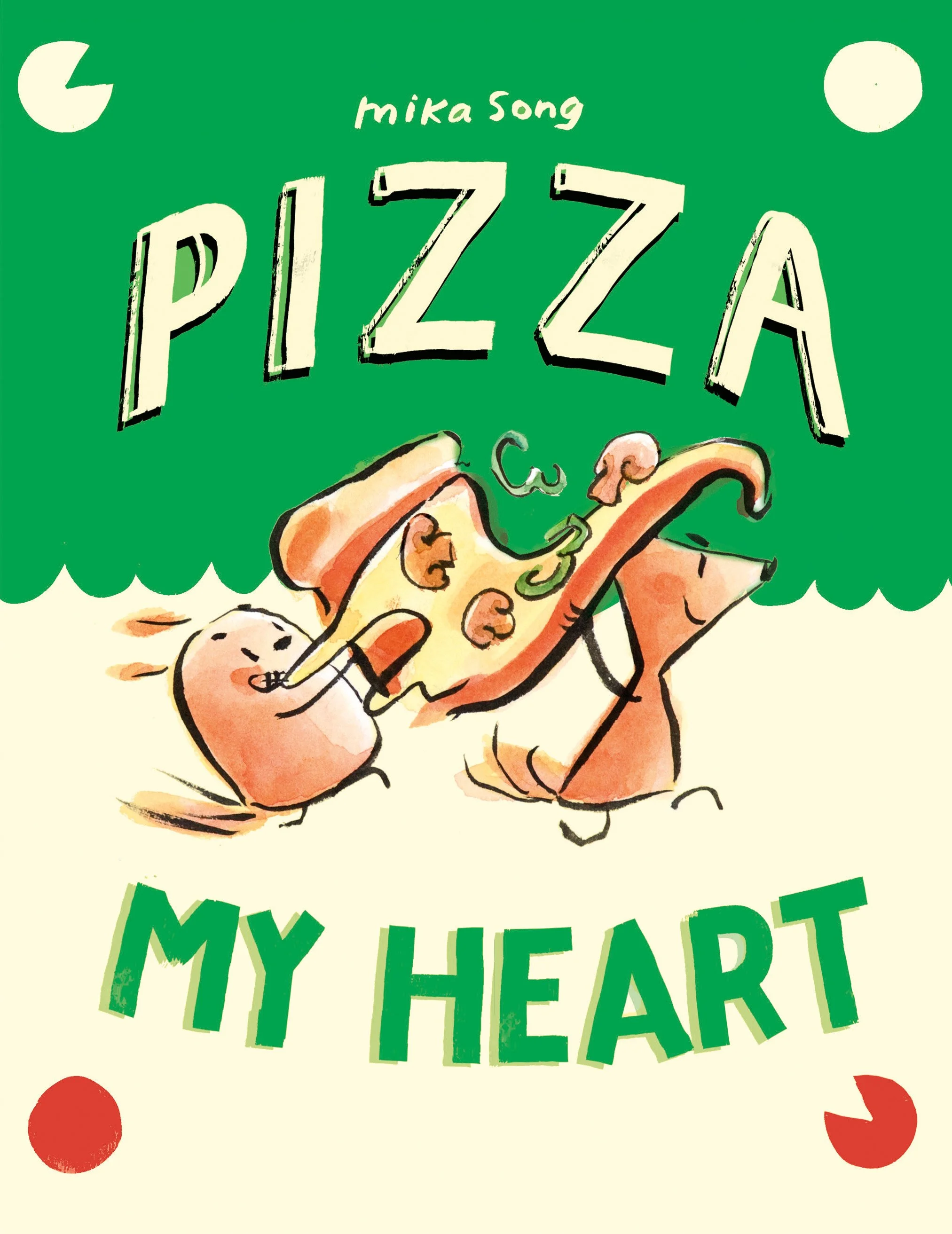 Illustrated pizza slice with a smiling face and arms, holding a slice of pizza with a heart-shaped crust, on a green background with the text 'mika song PIZZA MY HEART' in playful fonts.