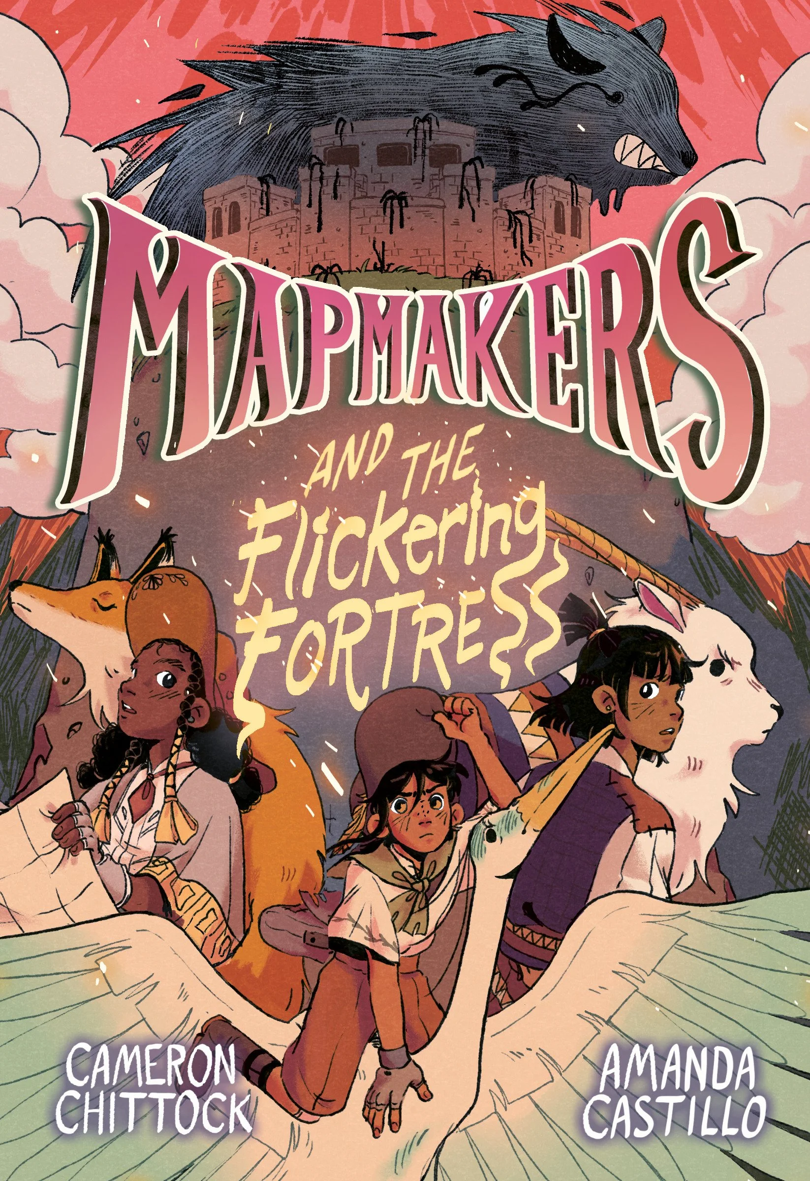 Book cover titled "Mapmakers and the Flickering Fortress" featuring four young characters, a girl with braided hair and a fox, a girl with a bow, a girl with a scout hat and glasses, and a white dragon. A black wolf-like creature with glowing eyes an