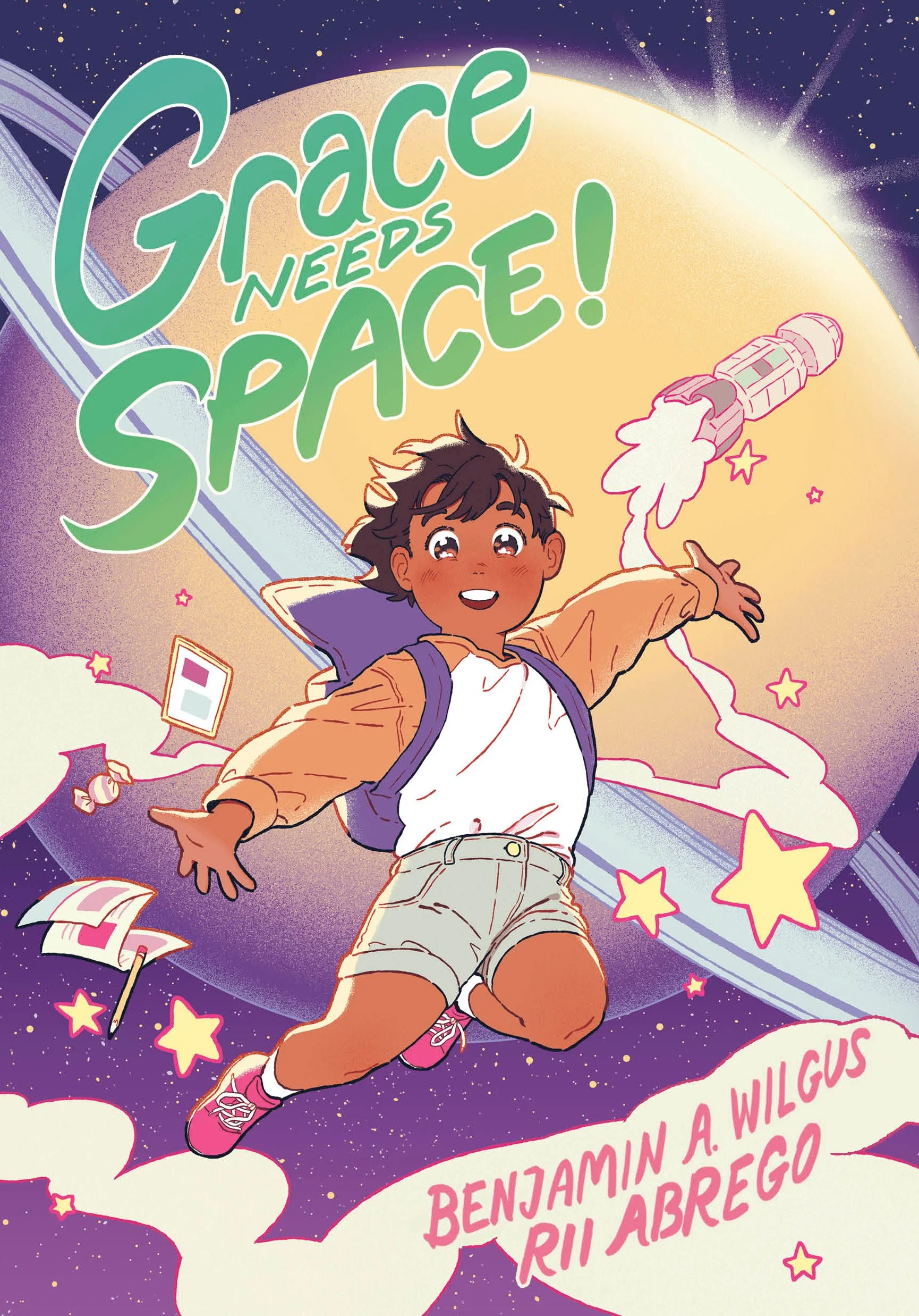 Book cover titled 'Grace Needs Space!' showing a smiling girl jumping in space with a rocket, stars, clouds, and a planet in the background. Authors Benjamin A. Wilgus and Rii Abrego credited.