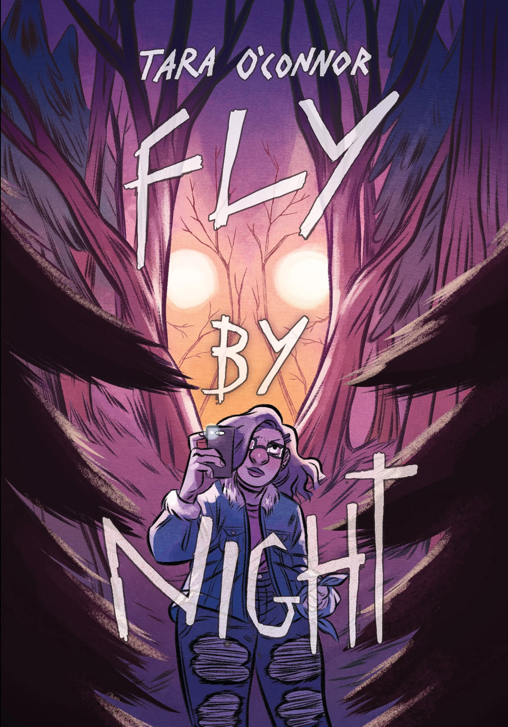 A woman with glasses and purple hair taking a selfie with her phone. The background features stylized trees with glowing eyes and a sunset or sunrise sky. The words 'Fly by Night' are written in large letters across the image, with the author's name 