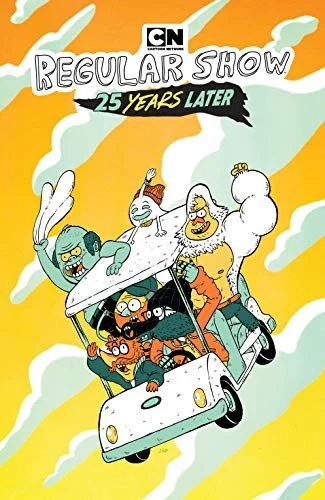 Illustration of the cast of the TV show "Regular Show" riding a golf cart in the sky with clouds, celebrating 25 years later, with the Cartoon Network logo at the top.