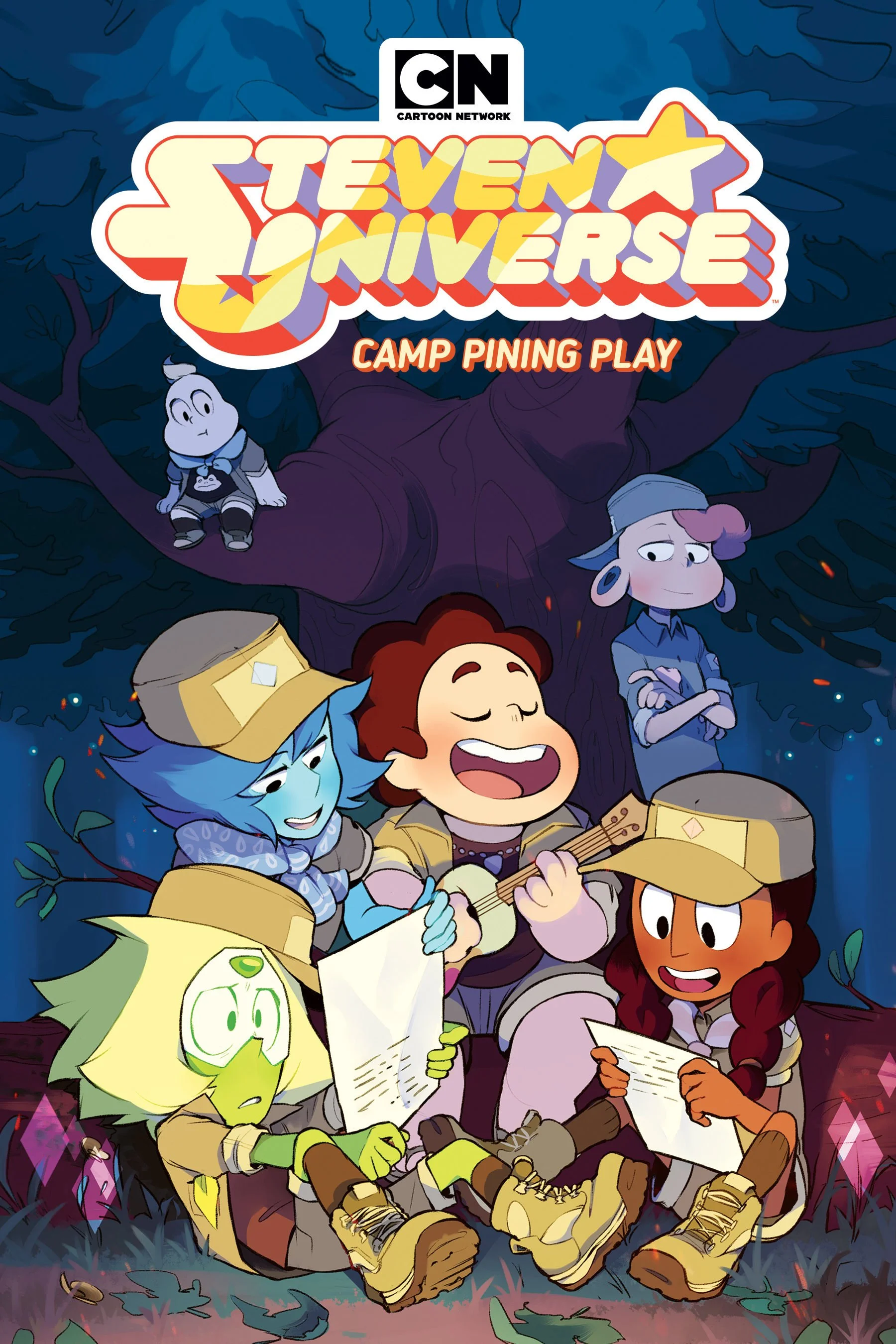 Animated characters from Steven Universe sitting around a campfire, playing guitar and reading maps, with a large tree and night sky in the background.