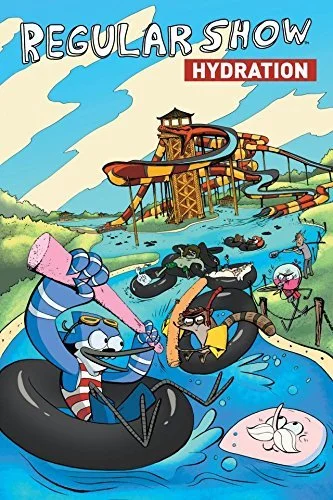 Colorful illustration of a water park with a slide and lazy river, featuring cartoon animals and children enjoying water rides, with a splash of water and a pink flamingo float.