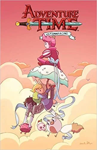 Adventure Time logo above a pink pig with a sword, flying with other characters including a girl, a wolf, a skeleton, and a cat against a sky with clouds.