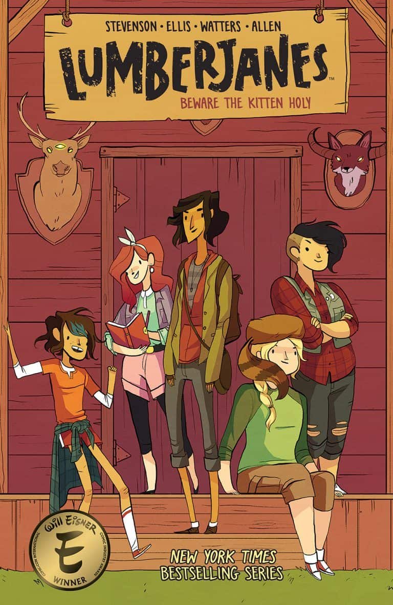 Cover art for the book 'Lumberjanes' featuring five kids standing in front of a wooden boathouse with a deer and a mountain lion mounted on the walls. The children are smiling and appear happy, with some holding books or sitting on the steps. The tit