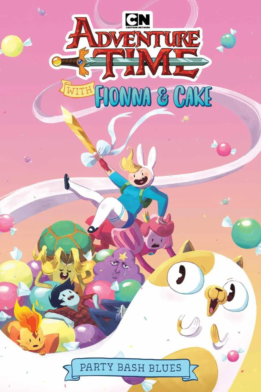 Colorful animated poster for Adventure Time with Fiona & Cake, featuring characters like Fiona dressed as a rabbit, Cake the cat, and other characters with sweets and candies, and the title 'Party Bash Blues' at the bottom.