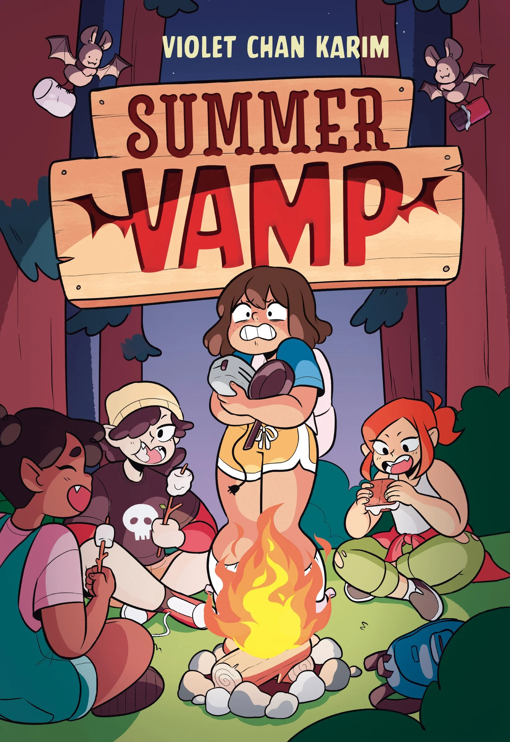Children sitting around campfire during summer camp at night, with a large sign reading 'Violet Chan Karim Summer Vamp' in the background, and two cartoon bats hanging from trees.