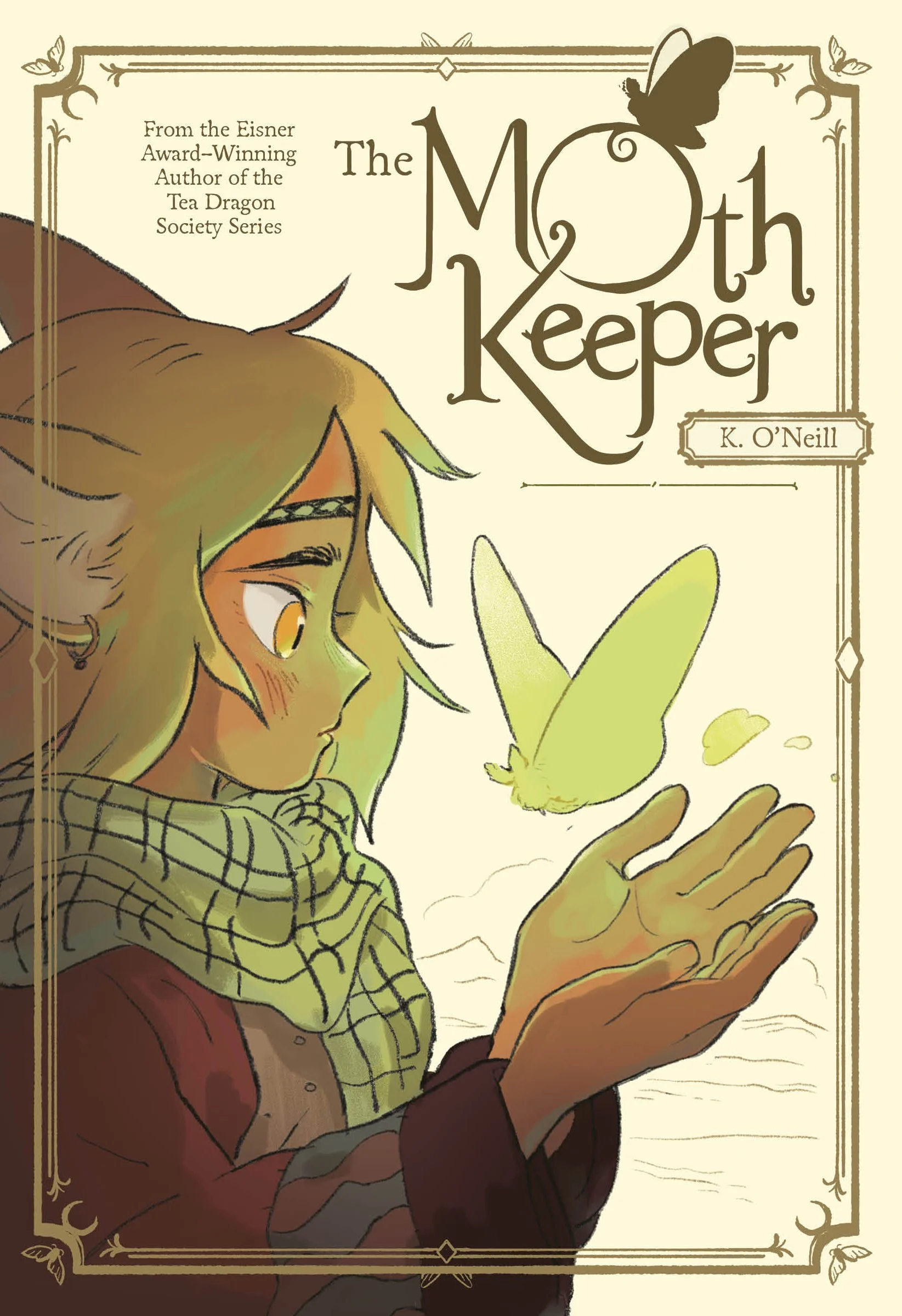 Book cover for 'The Moth Keeper' by K. O’Neill, featuring an illustration of a young elf with blonde hair, a green scarf, looking at a yellow moth flying near their hand in a fantasy landscape.