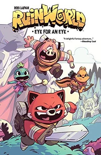 Book cover of Reinworld: Eye for an Eye, featuring animated animal characters including a pig, turtle, dragon, and cat warrior in a fantasy setting.