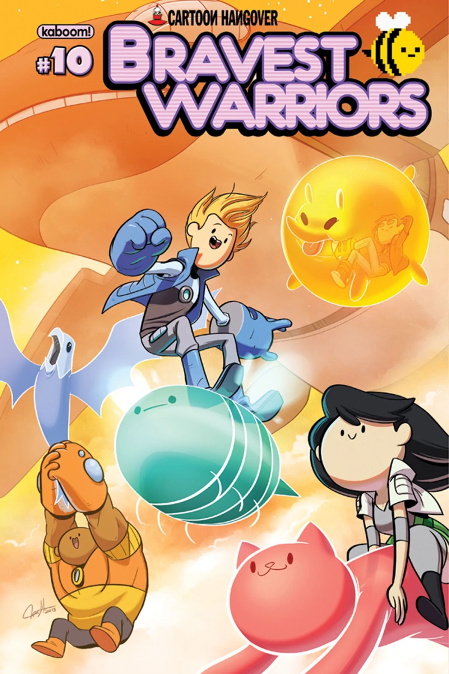 Colorful animated comic book cover for 'Bravest Warriors' featuring diverse characters including a boy with blonde hair, a girl with black hair, and animated animal-like creatures, set in a whimsical, space-themed background.