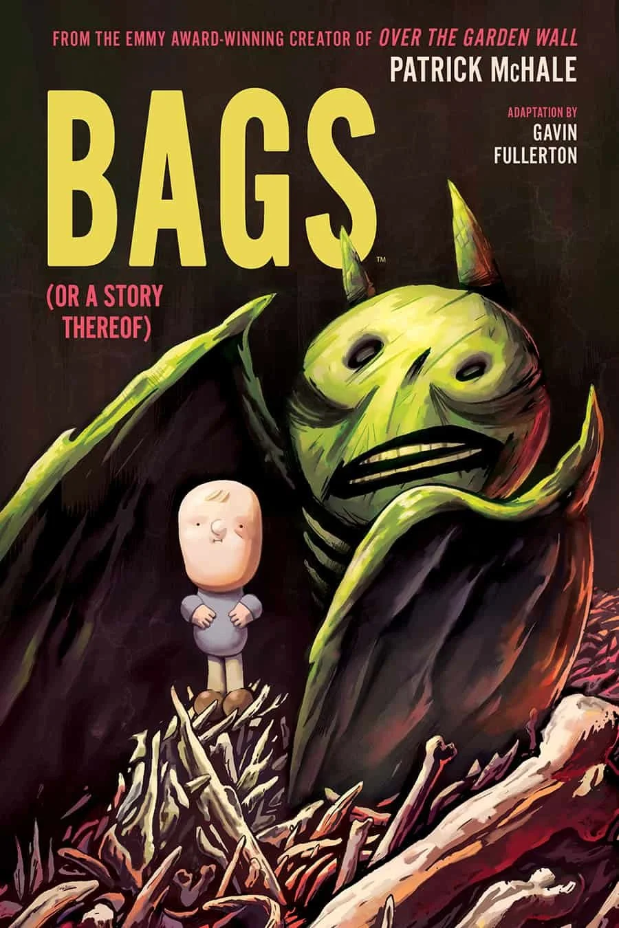 Book cover for 'Bags (or a story thereof)' by Patrick McHale, featuring a giant green creature with a face and horns behind a small cartoon character standing on a pile of bones and sticks.
