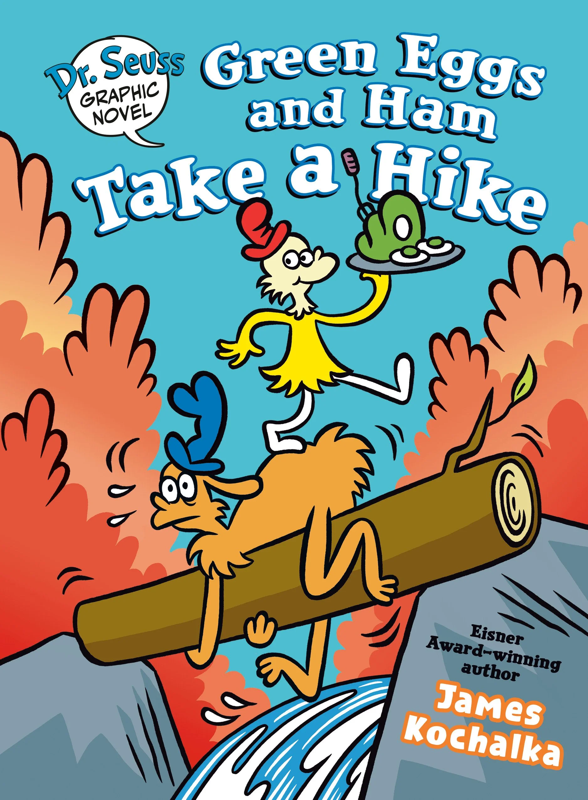 A cartoon cover of the Dr. Seuss book titled "Green Eggs and Ham Take a Hike" featuring a character in yellow with a red hat balancing on a log over a waterfall, holding a plate with green eggs and ham, with orange and red trees in the background and