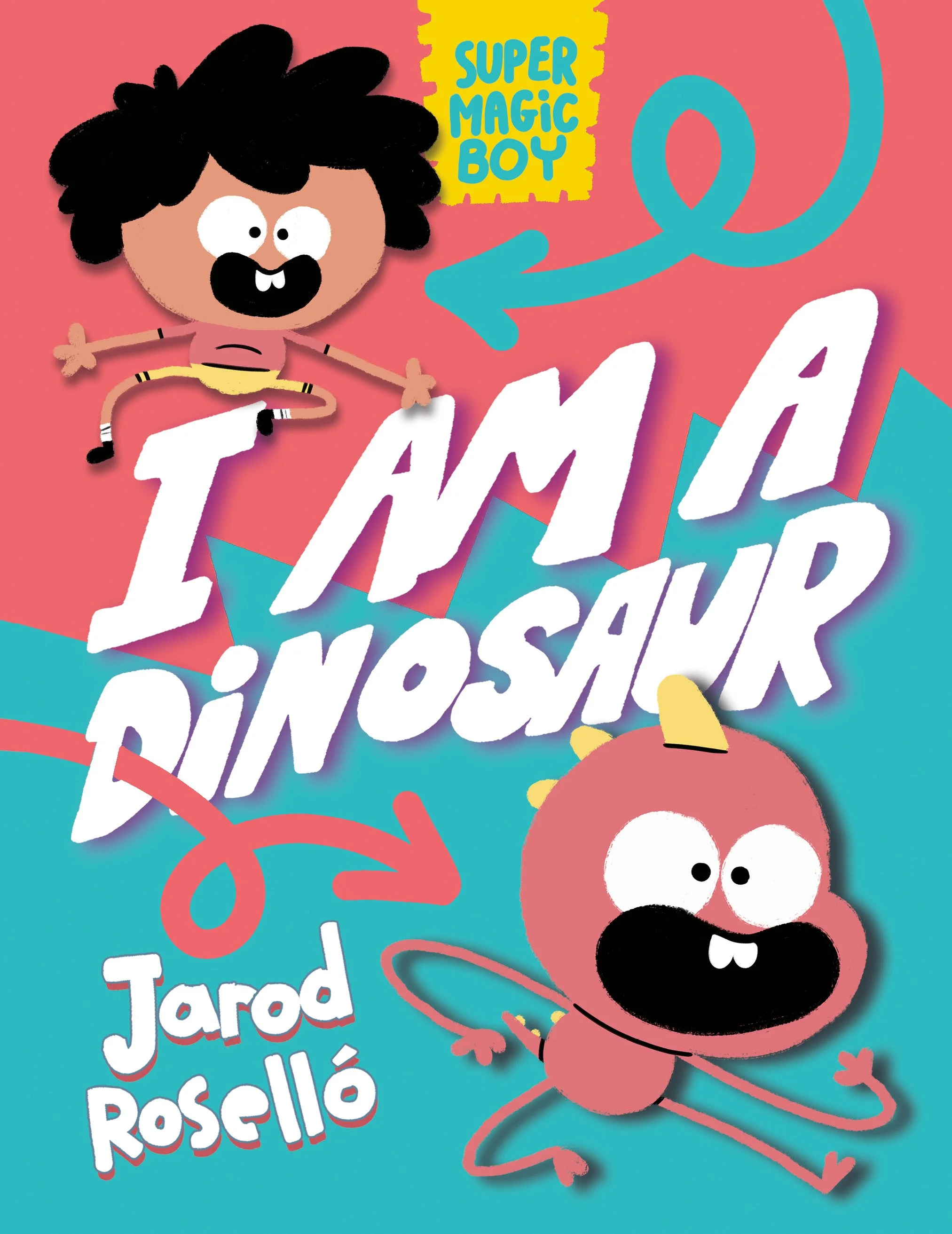 Colorful children's book cover with a cartoon boy and dinosaur, with the title 'I Am a Dinosaur' by Jarod Roselló.