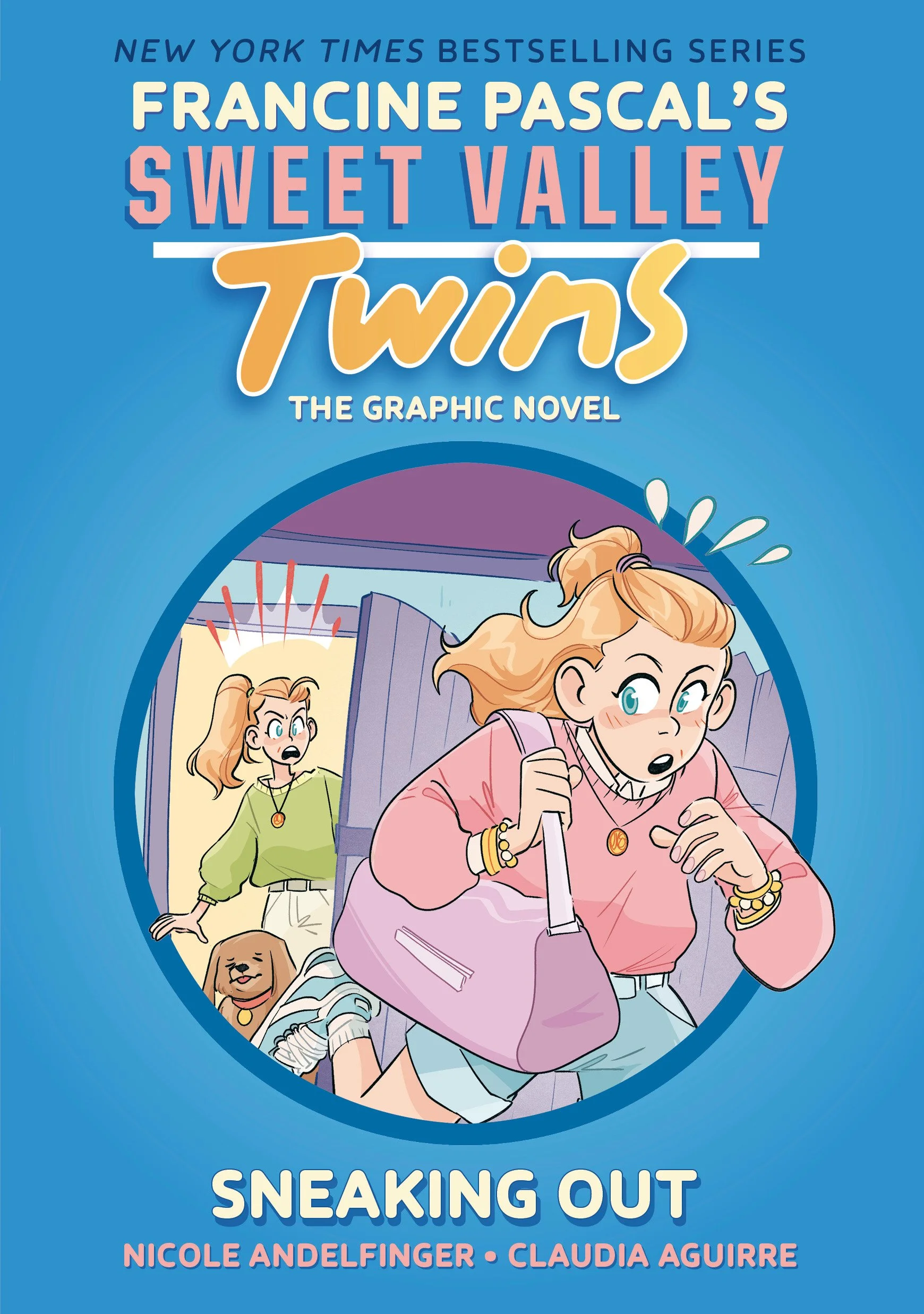 Book cover for 'Sweet Valley Twins: Sneaking Out' featuring two young girls, one with red hair in a pink sweater and light blue shorts, holding a purple purse, looking surprised, and a blonde girl in a green top with a dog, peeking out from behind an