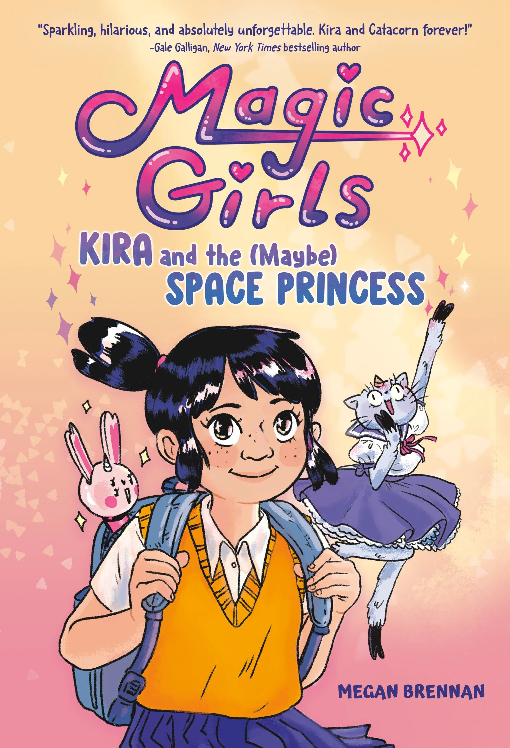 Book cover illustration for 'Magic Girls: Kira and the (Maybe) Space Princess' by Megan Brennan, featuring a girl with black hair in pigtails and freckles, wearing a yellow vest and white shirt, carrying a backpack, with a smiling pink bunny and a gr