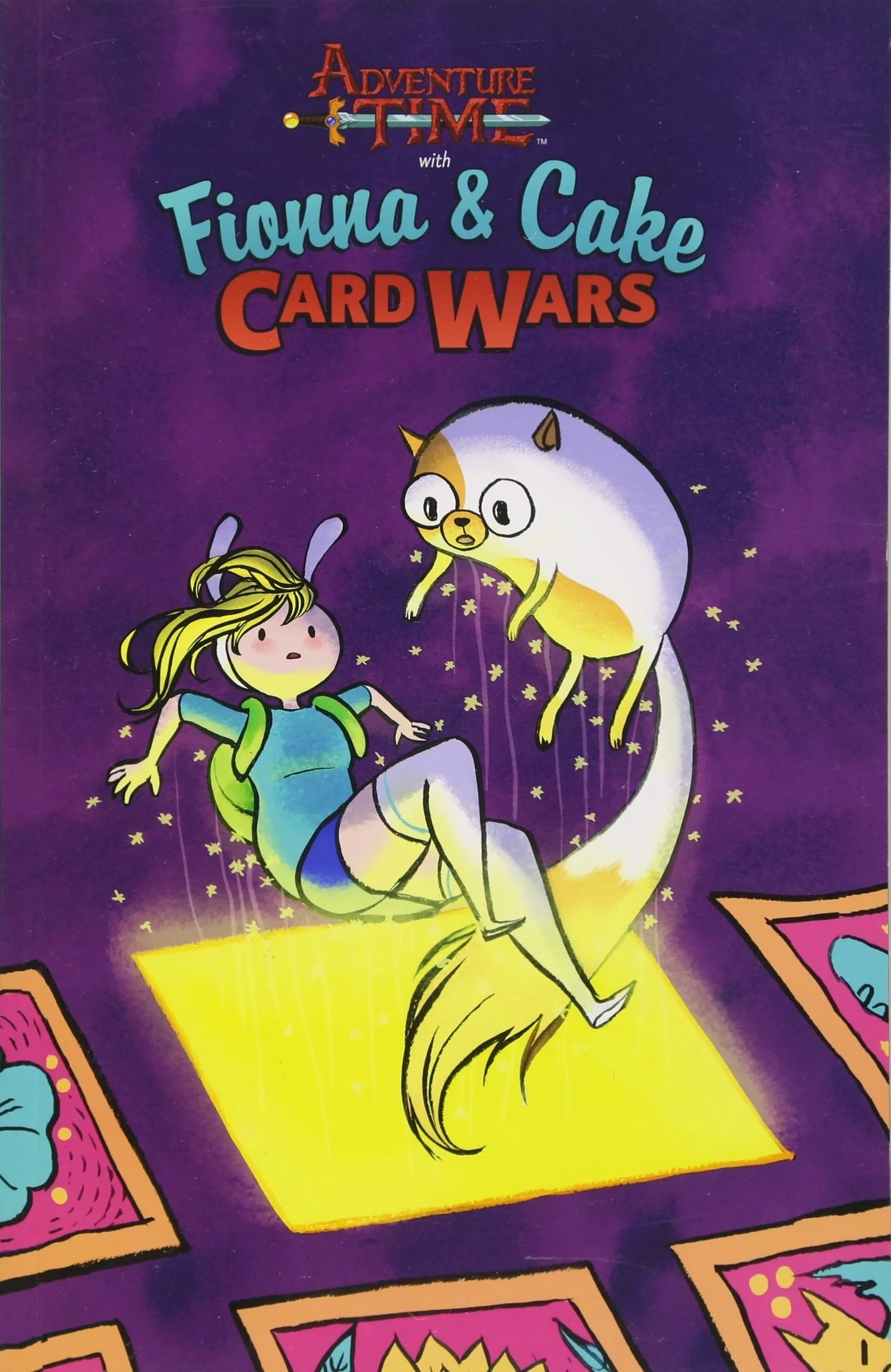 Cover of a card game titled "Adventure Time with Fionna & Cake Card Wars" featuring Fionna, a girl with blonde hair, wearing a blue dress and backpack, riding on a flying creature with a small dog face, set against a purple background with illustrate