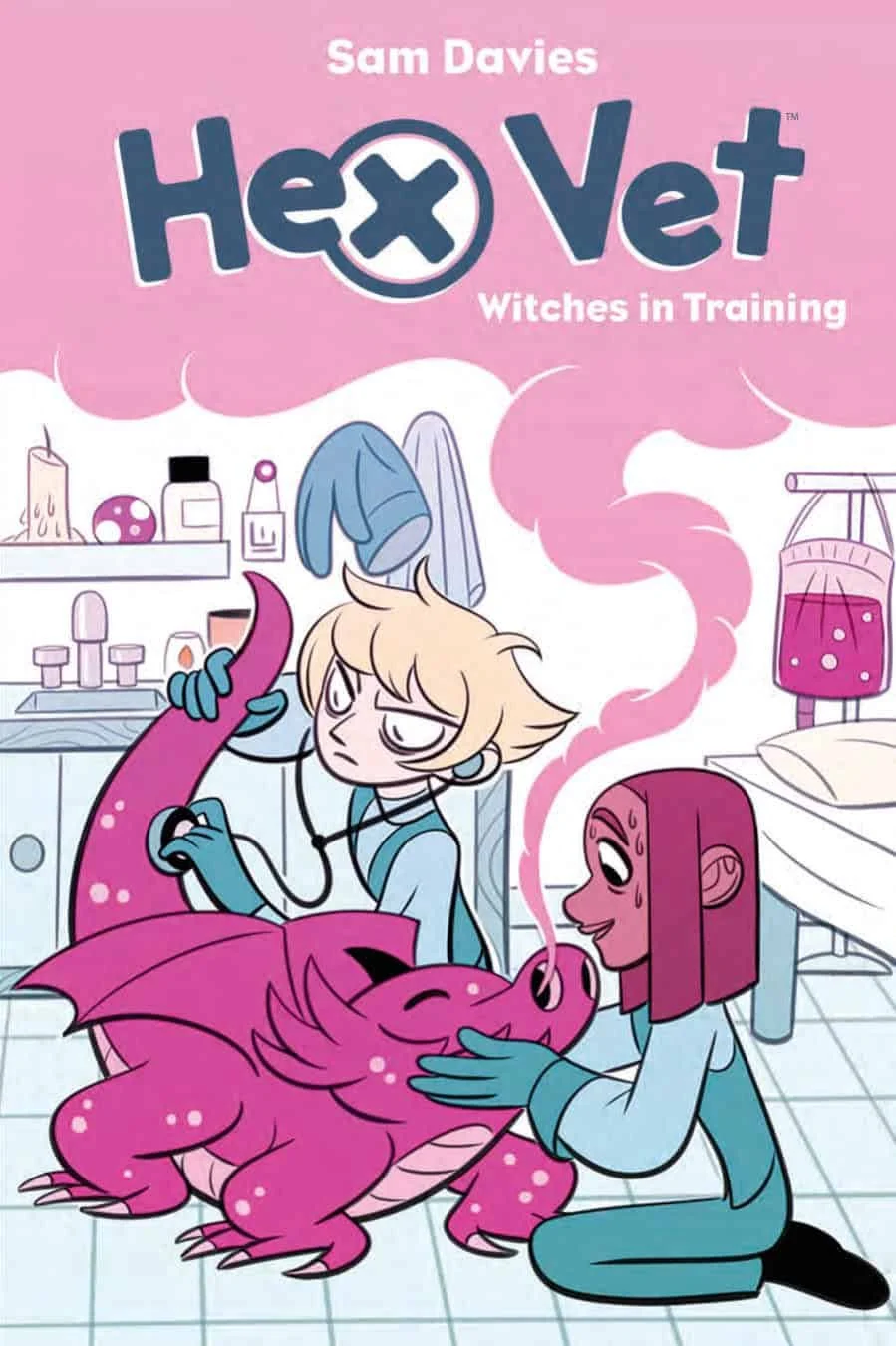 Cover of the book 'Hex Vet: Witches in Training' by Sam Davies showing two girls in a veterinary clinic caring for a pink, dragon-like creature with wings and a smiling face.