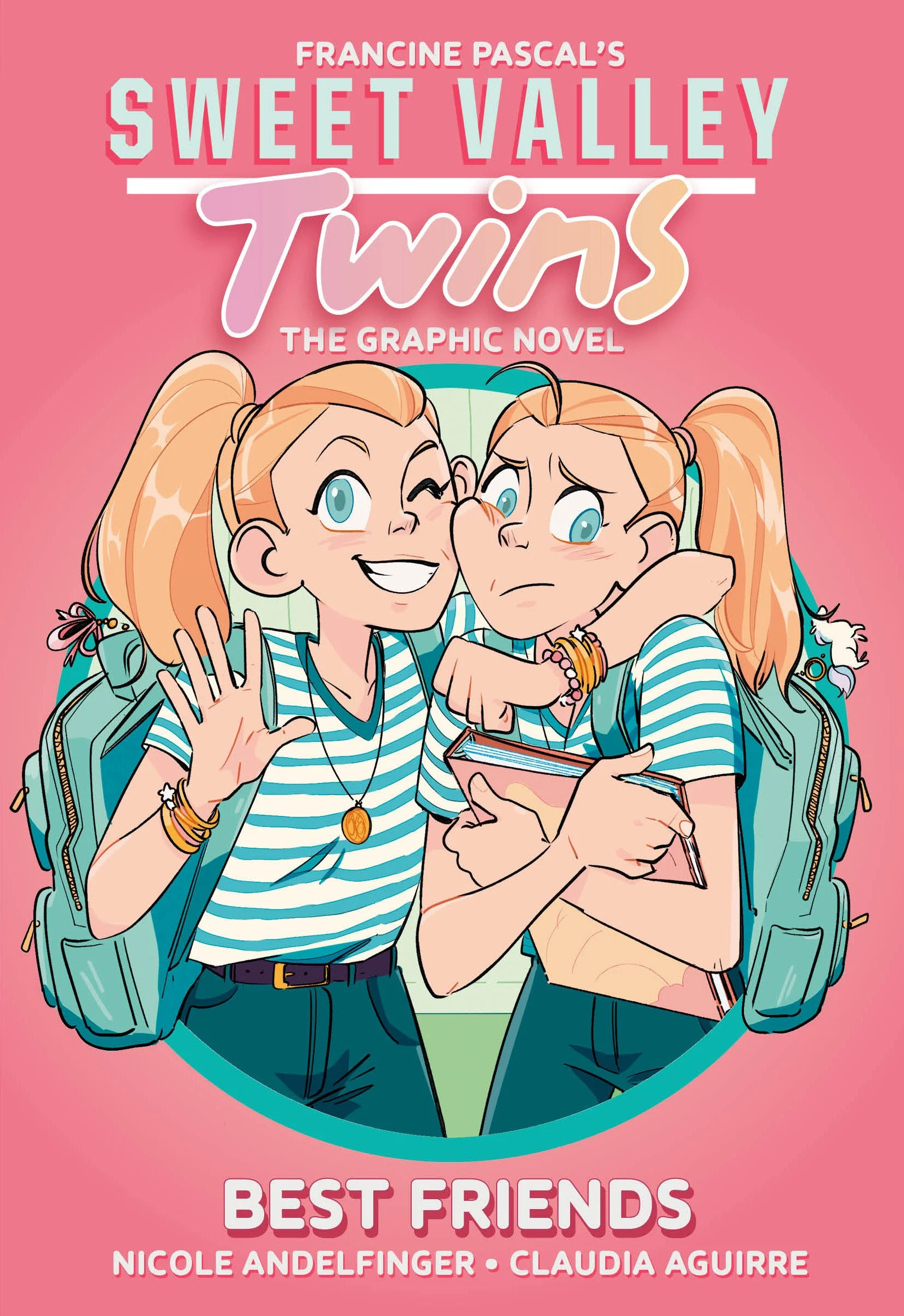 Book cover illustration for 'Sweet Valley Twins: Best Friends' by Nicole Andelfinger and Claudia Aguirre, featuring two young girls with blonde hair in pigtails, wearing matching striped shirts, backpacks, and jewelry, with one girl smiling and wavin