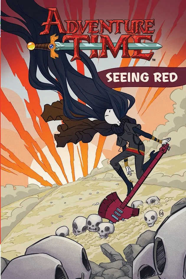 The cover art for a video game titled "Adventure Time: Seeing Red" shows a character with long blue hair, dressed in dark clothing, holding a red electric guitar as if it were a weapon, standing on a rocky landscape surrounded by skulls. The backgrou