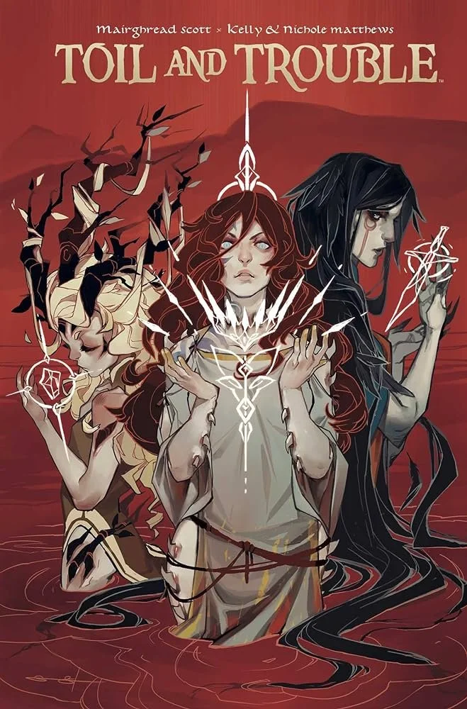 Cover art for the game 'Toil and Trouble' featuring three characters standing in water, with a dark and mystical background. The central character is a young woman with long red hair, holding glowing magical symbols, flanked by two other figures with