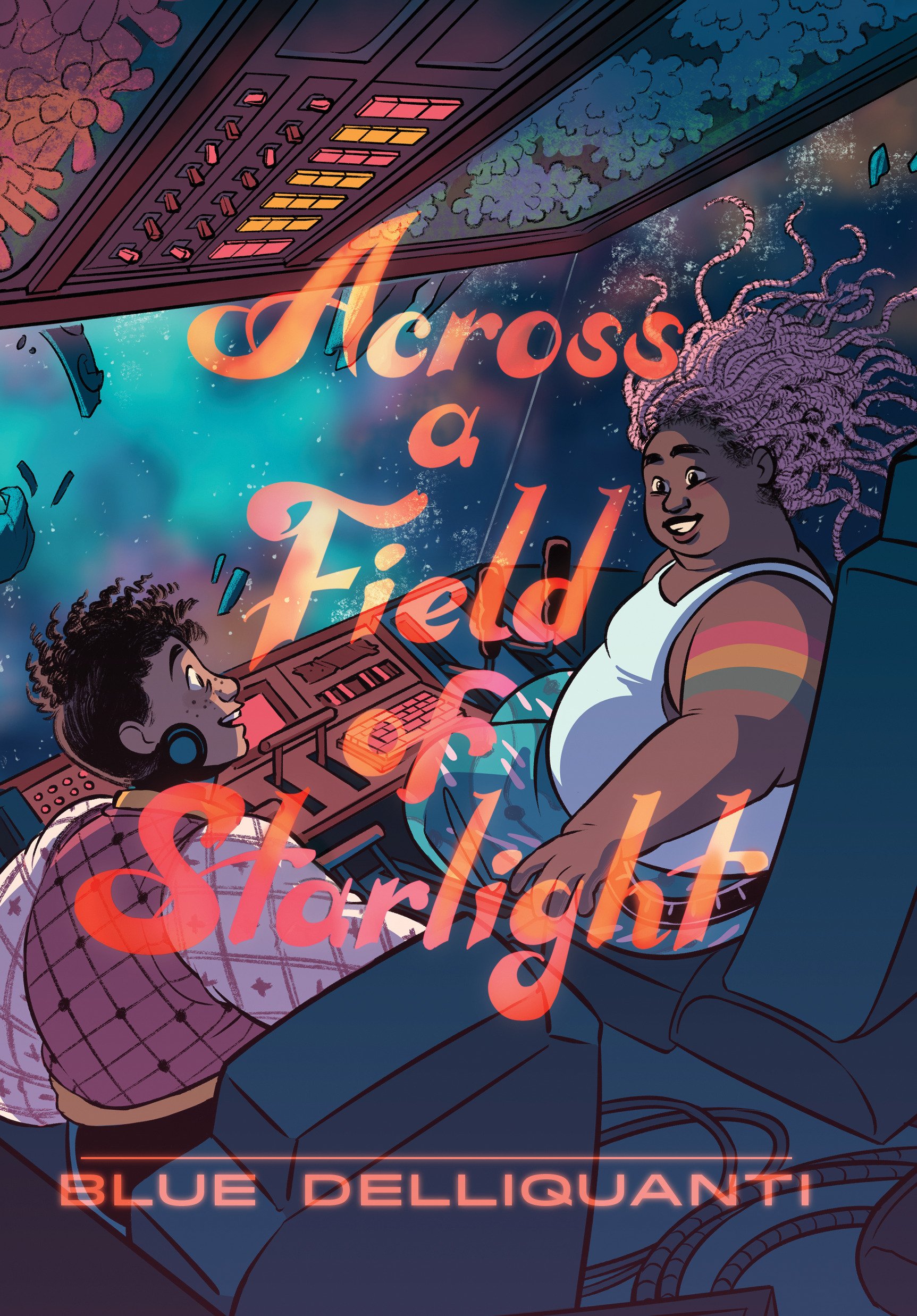 Illustration of two women in a spaceship cockpit, one with purple curly hair and a rainbow tattoo on her arm, the other with short dark hair, wearing headphones. The scene shows stars and space outside the window. The text overlay says 'Across a Fiel