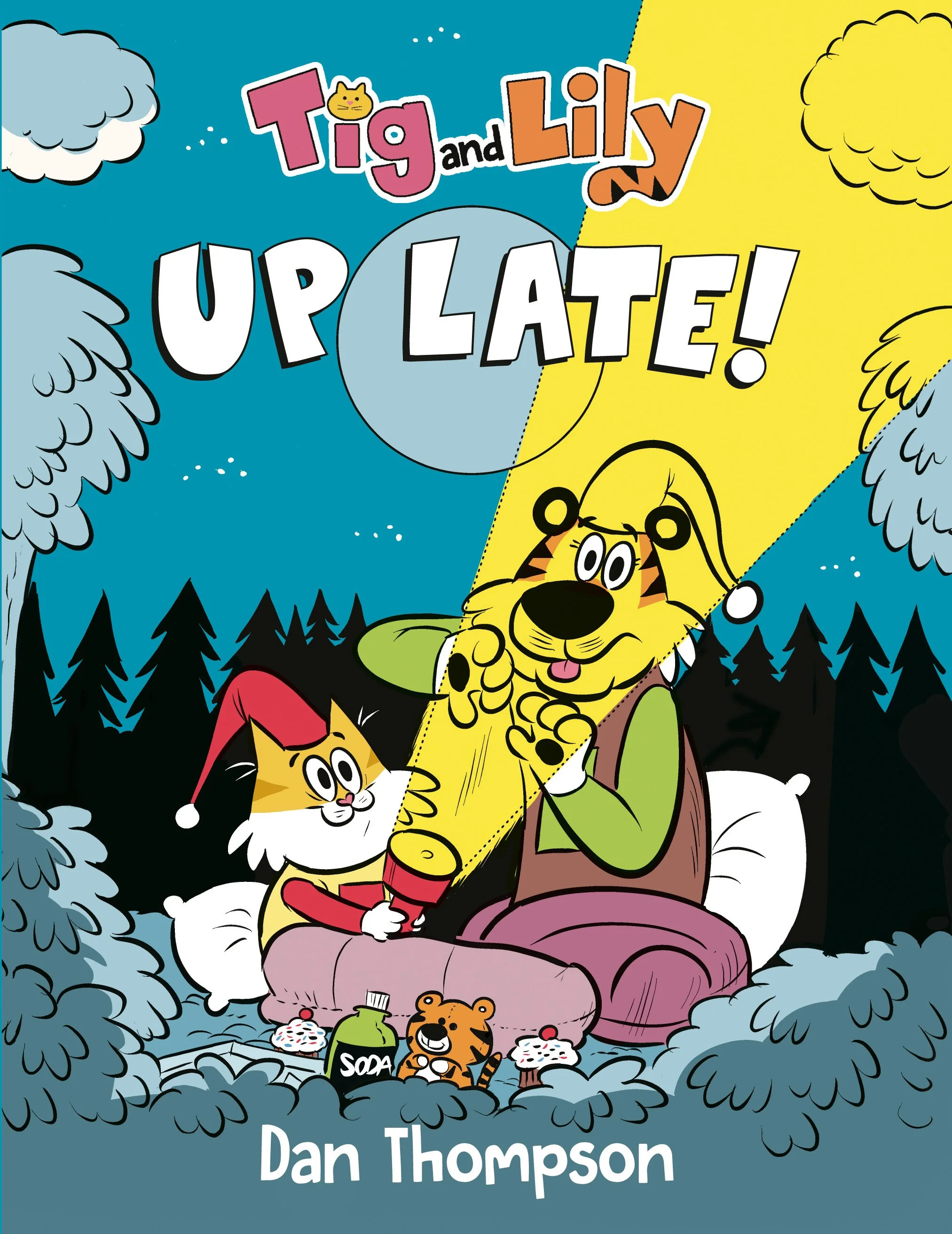 Cover of a children's book titled 'Tig and Lily Up Late!' by Dan Thompson. The illustration shows a tiger and a cat sitting on a bed outside at night, illuminated by a flashlight. The tiger is wearing a brown vest and has a playful expression, while 