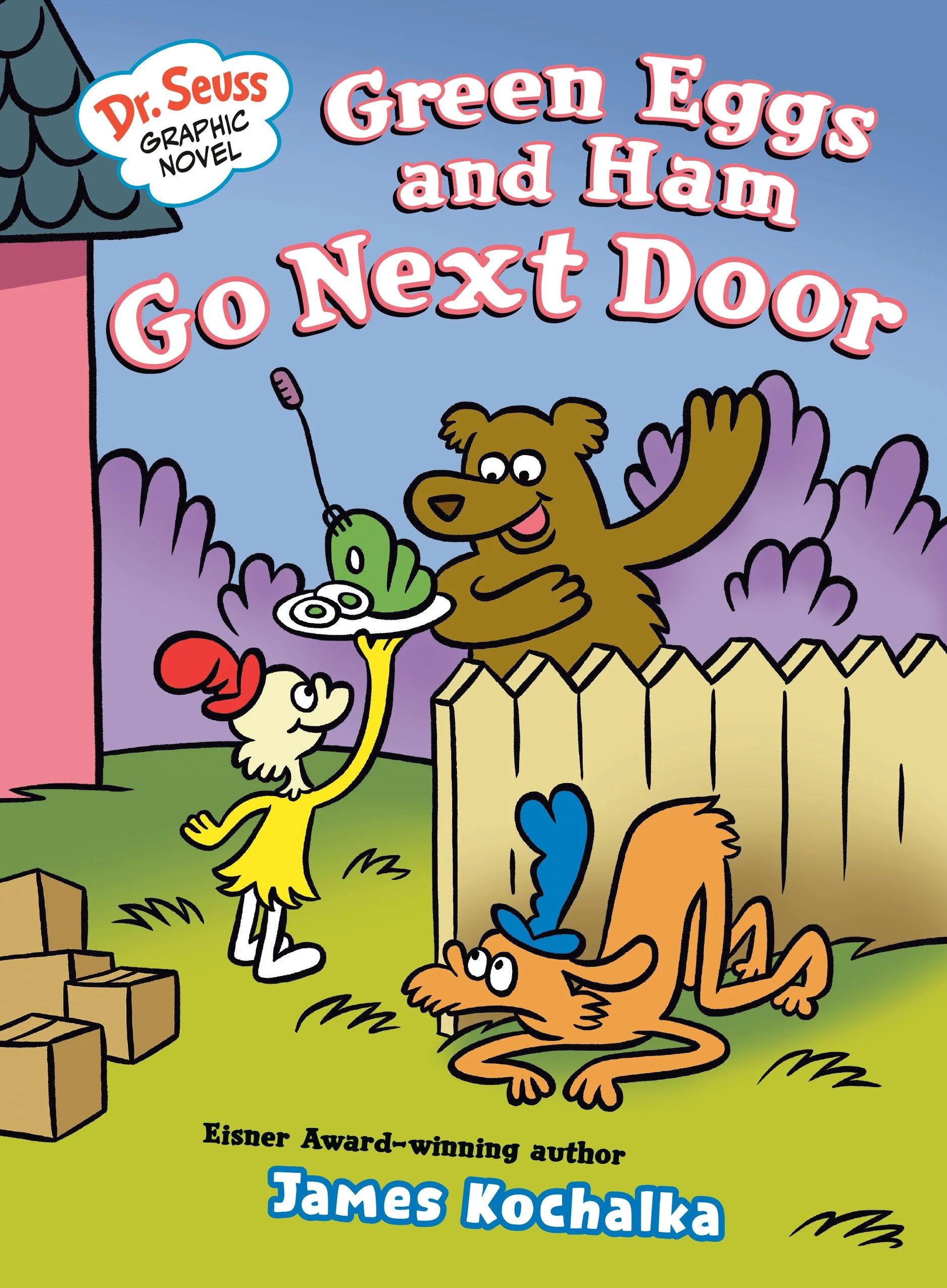 Cover of a children's graphic novel titled "Green Eggs and Ham Go Next Door" by James Kochalka. The cover features a bear with outstretched arms, a dog lying on the ground wearing a blue hat, and a bird wearing a red hat, with a girl in yellow holdin