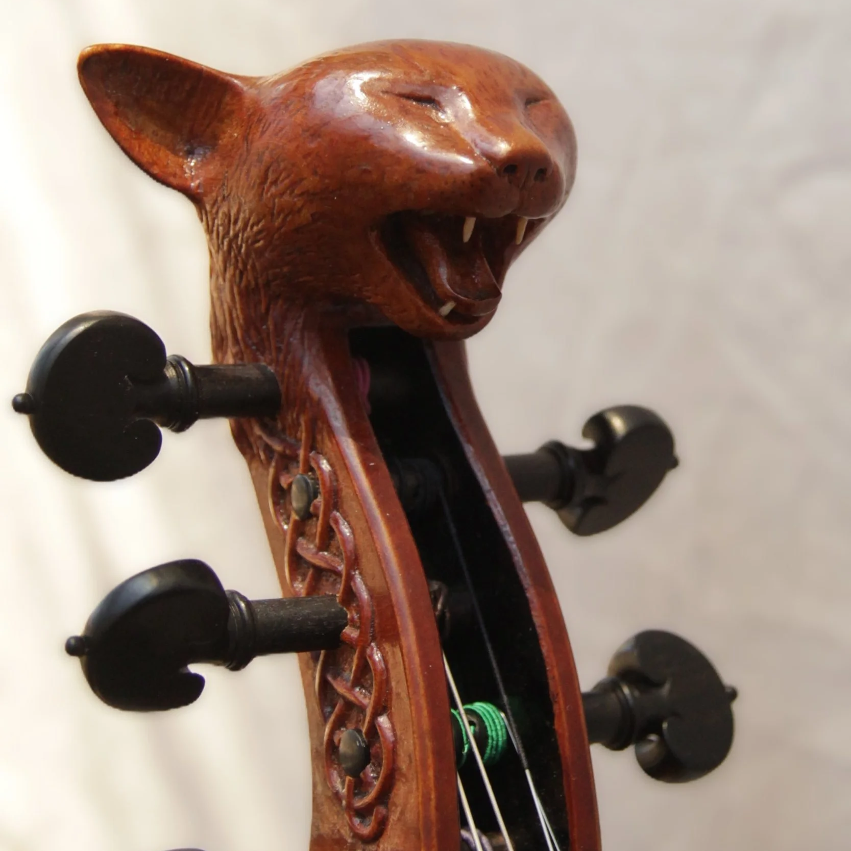 cat head and celtic knots on peg box of instrument
