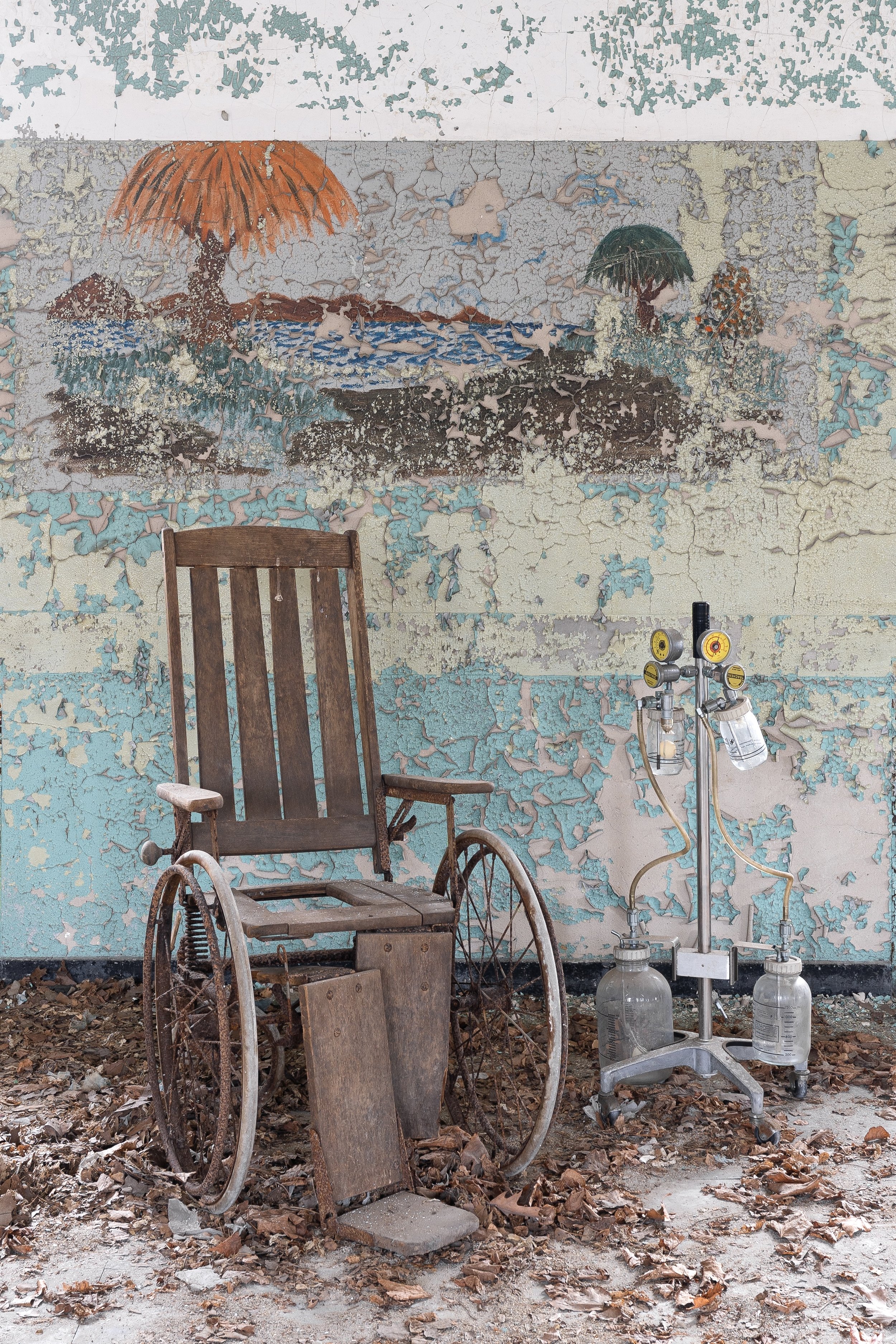 Wooden Wheelchair, Draining Tubes, & Murals, Building 25
