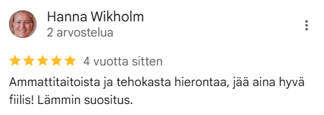 Viiden tähden Google- arvostelu Hieronta Titta Karjalainen