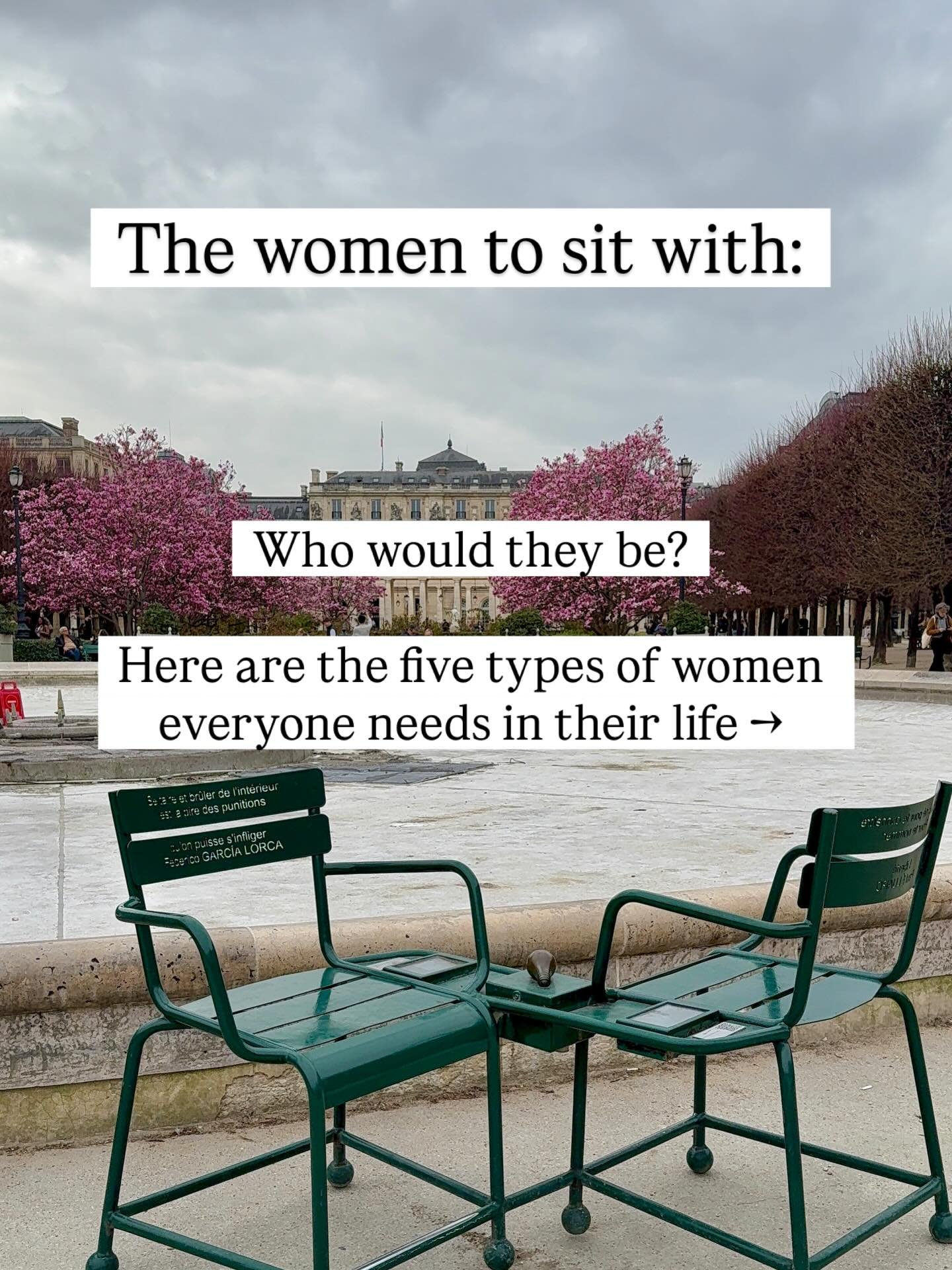 A chair worth sharing.

Not just with anyone, but with five kinds of women every person should have in their life:

✨The one who loves you enough to tell you the hard truth.

✨The one who puts her arms around you when you didn&rsquo;t even realize yo