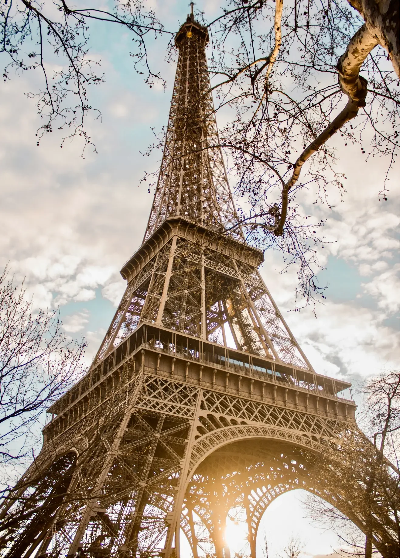 Low-angle view of the Eiffel Tower framed by leafless tree branches, with the sun setting in the background.