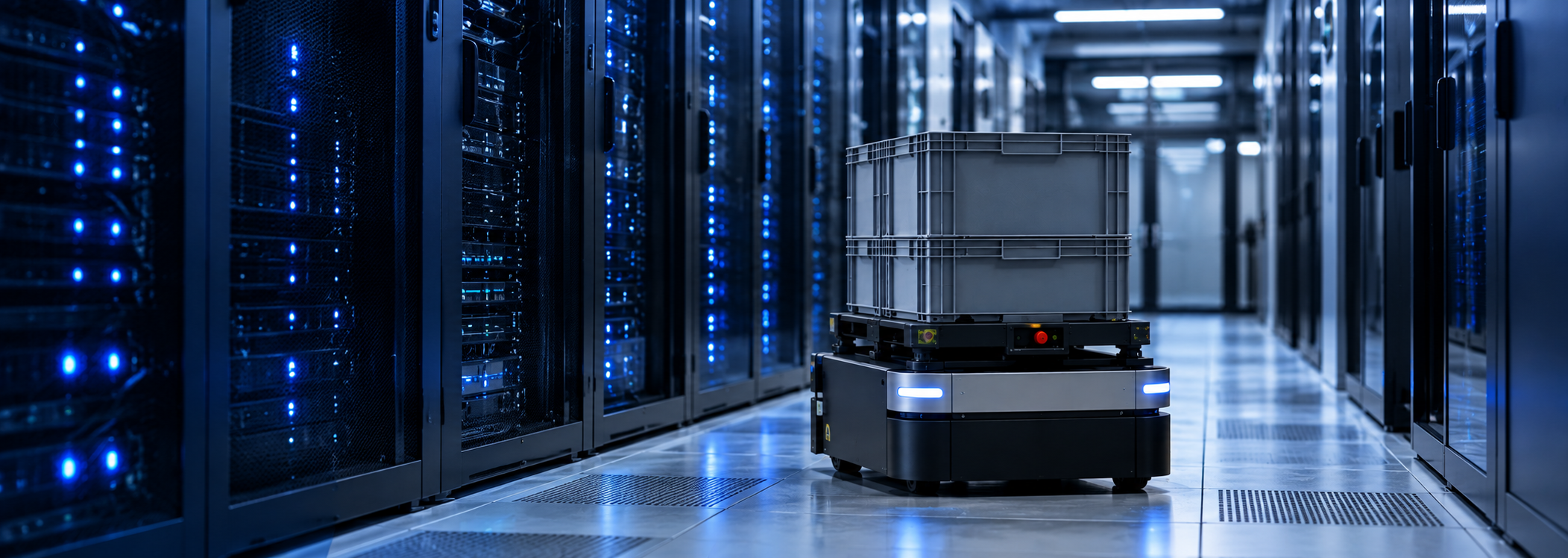 Autonomous robot with a crate in a data center hallway filled with server racks illuminated by blue LED lights.