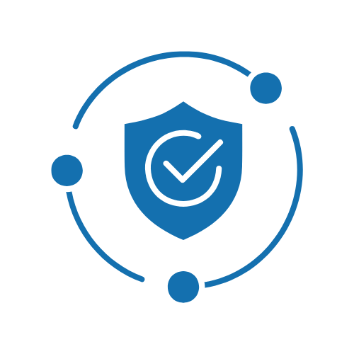 Security shield with a checkmark surrounded by orbiting circles, symbolizing protection and security.