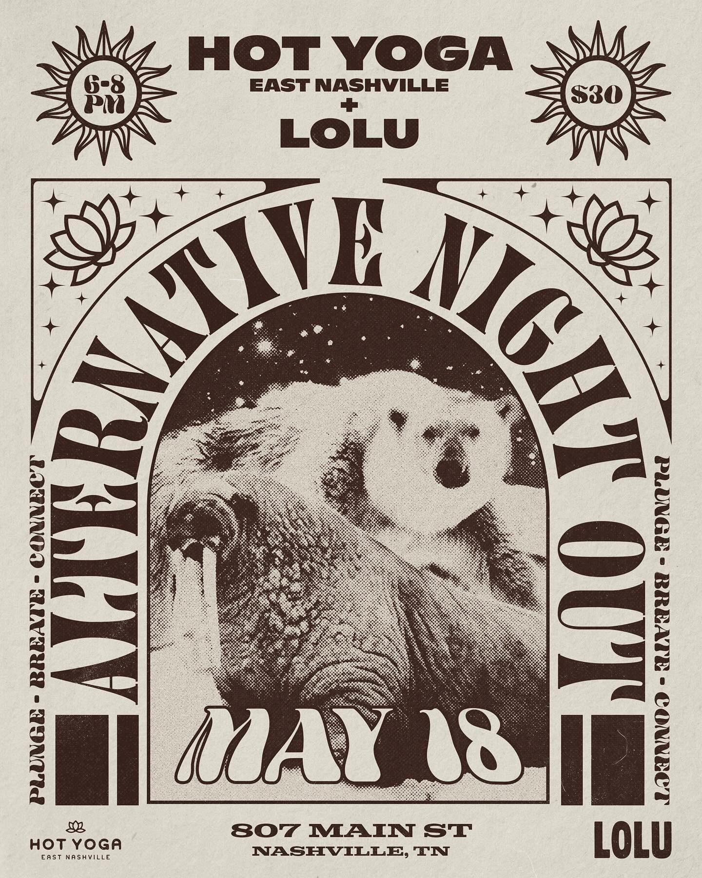 We are so excited to announce our Alternative Night Out with @hotyogaeastnashville Saturday, May 18th!!! 
A.N.O. is a place to evolve your community. It is a new kind of nightlife based on mindful and healing connection. We will incorporate invigorat