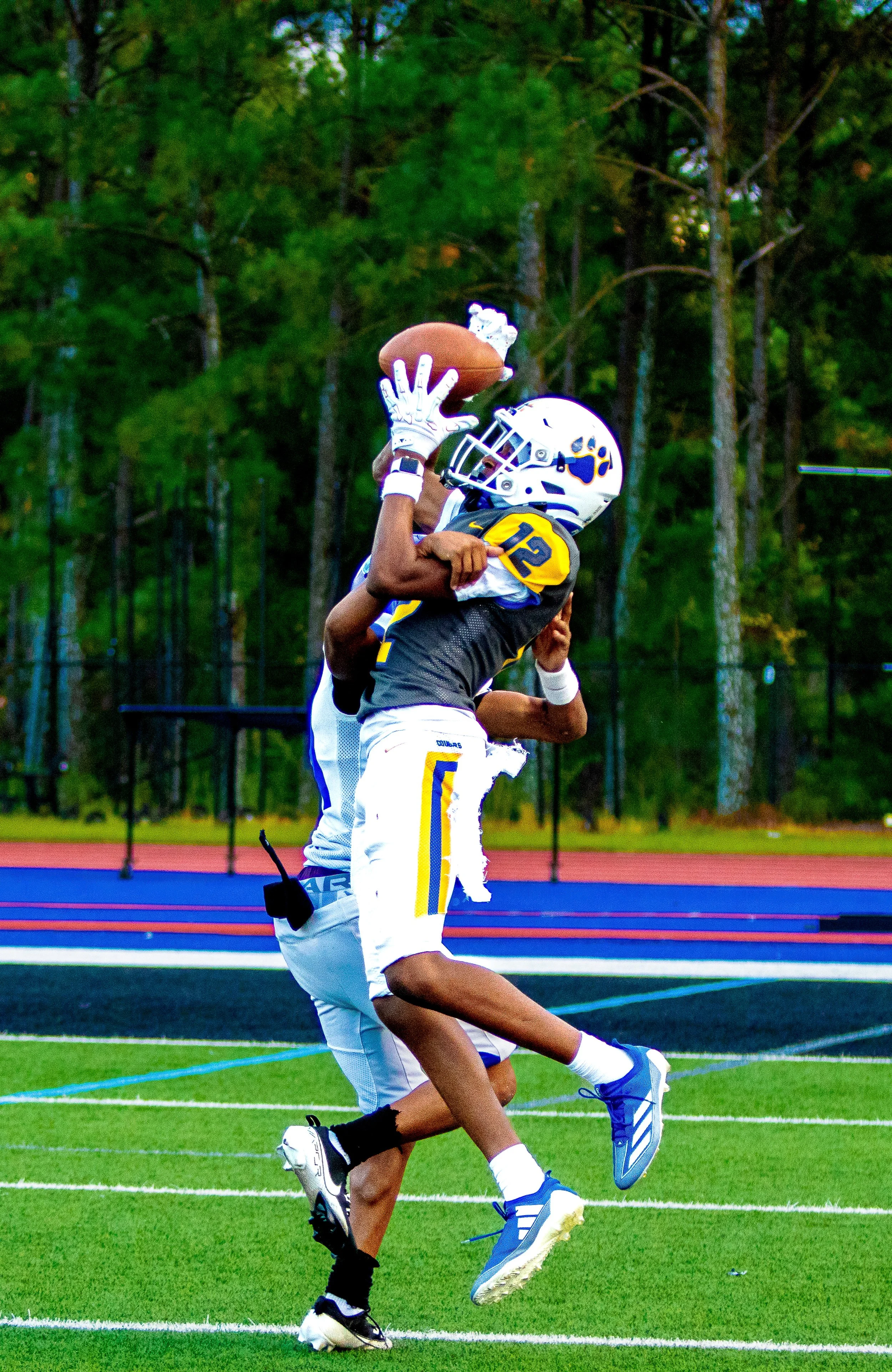 A football player in a gray and yellow uniform catching a football while jumping in front of a defender on a football field with a forest background.