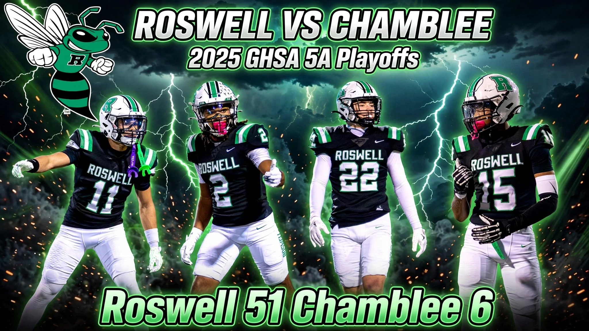 Sports graphic showing game highlights of a football match between Roswell and Chamblee, with a score of 51-6 in favor of Roswell. The image features a football player in a black and green uniform and various team logos, with a green and black background and torn paper design.
