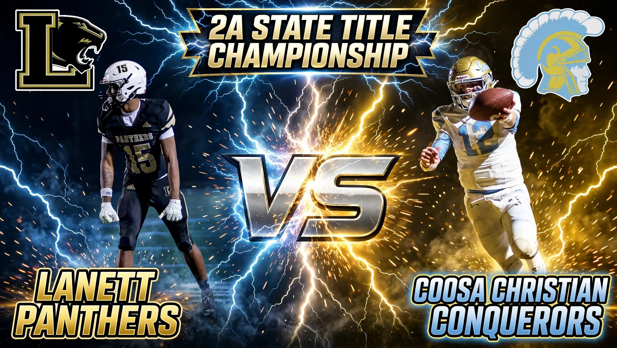 Graphic sports poster highlighting the 2022 2A State Championship game between Coosa Christian and Lanett, featuring football players, game score, and team logos.