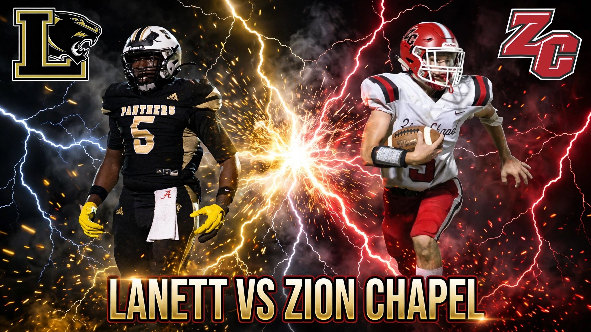 Graphic sports poster showing game highlights with scores: Lanett 42, Zion Chapel 6; features a football player in uniform and a torn paper design background with a yellow and black theme.