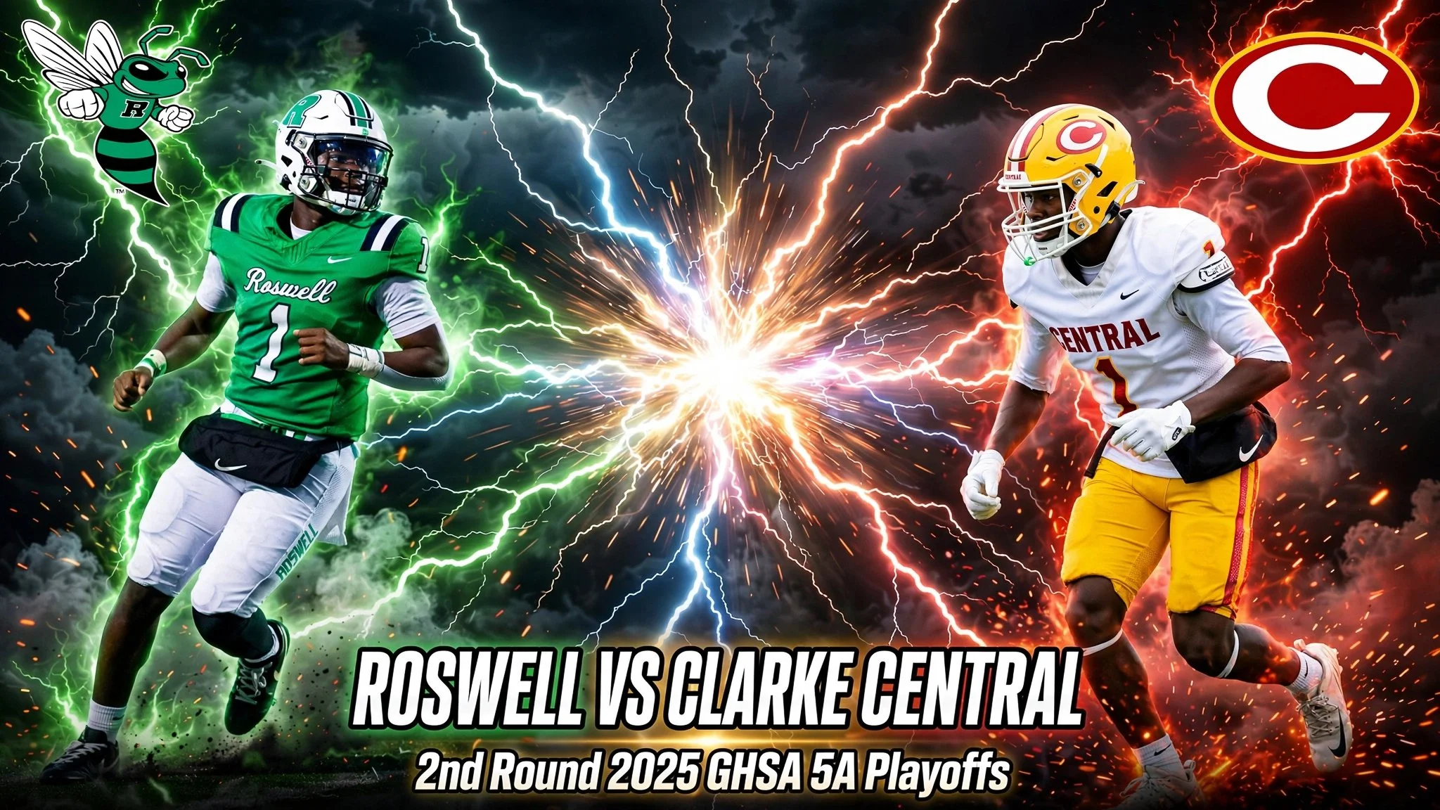 Graphic with text 'Game Highlights' showing a football player from Roswell in uniform and icons of Roswell and Clare Central, indicating Roswell's win over Clare Central with a score of 50 to 7. Includes sports-themed graphics and a football field background.