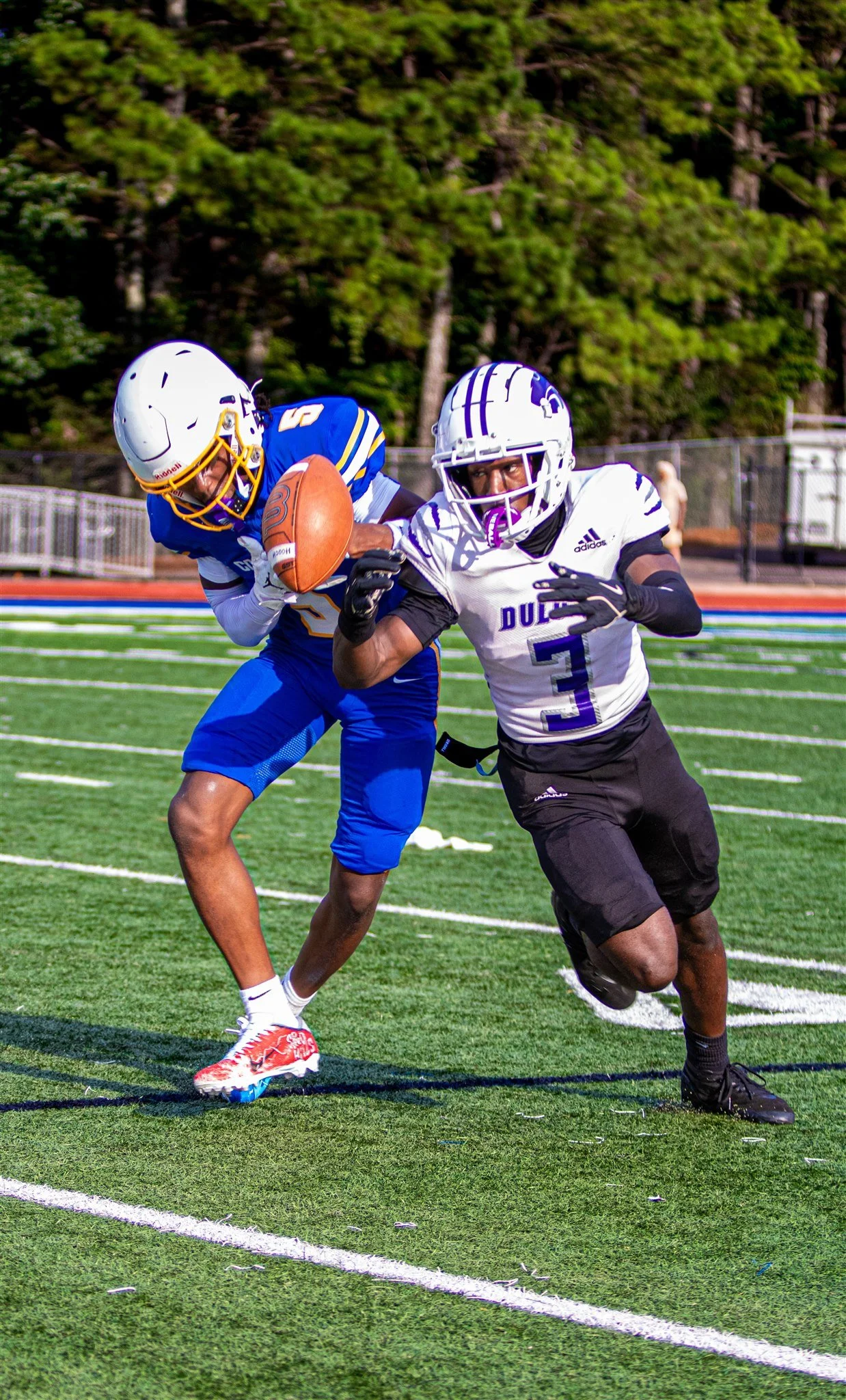 Two football players, one in a blue and white uniform and the other in a white and black uniform, competing for possession of a football on a green field with white yard lines and a background of trees.