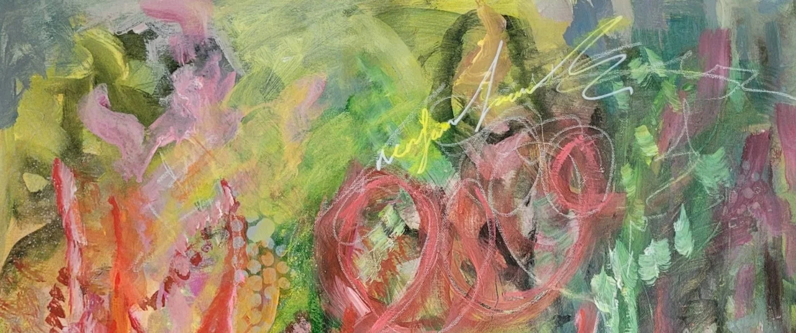 An abstract painting with vibrant colors and various textured brushstrokes, featuring pink, green, yellow, and purple hues, and some illegible cursive white and yellow writing.
